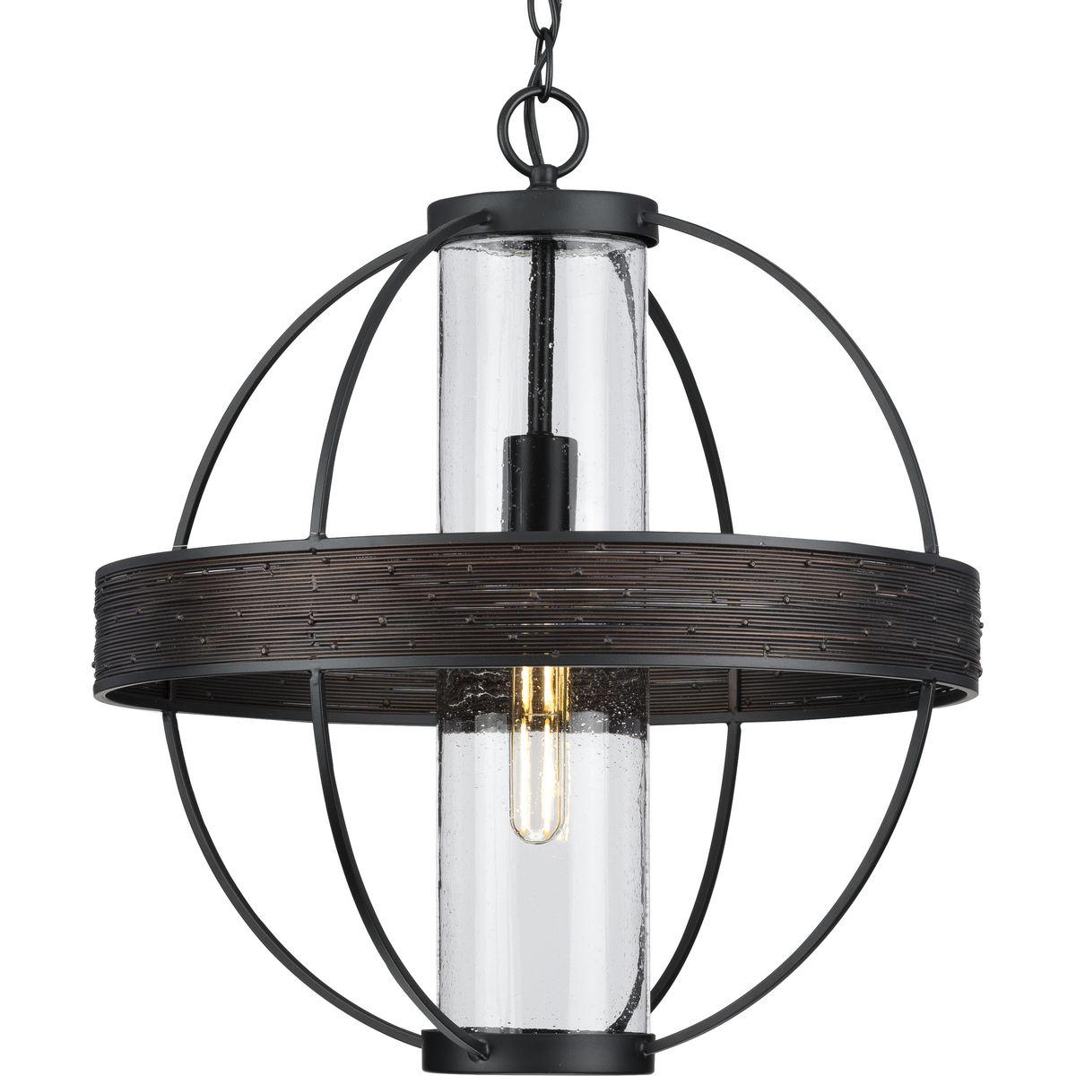 Progress Lighting, Terrace, 1-Light Outdoor Hanging Light, Matte Black, Seeded Glass Shade