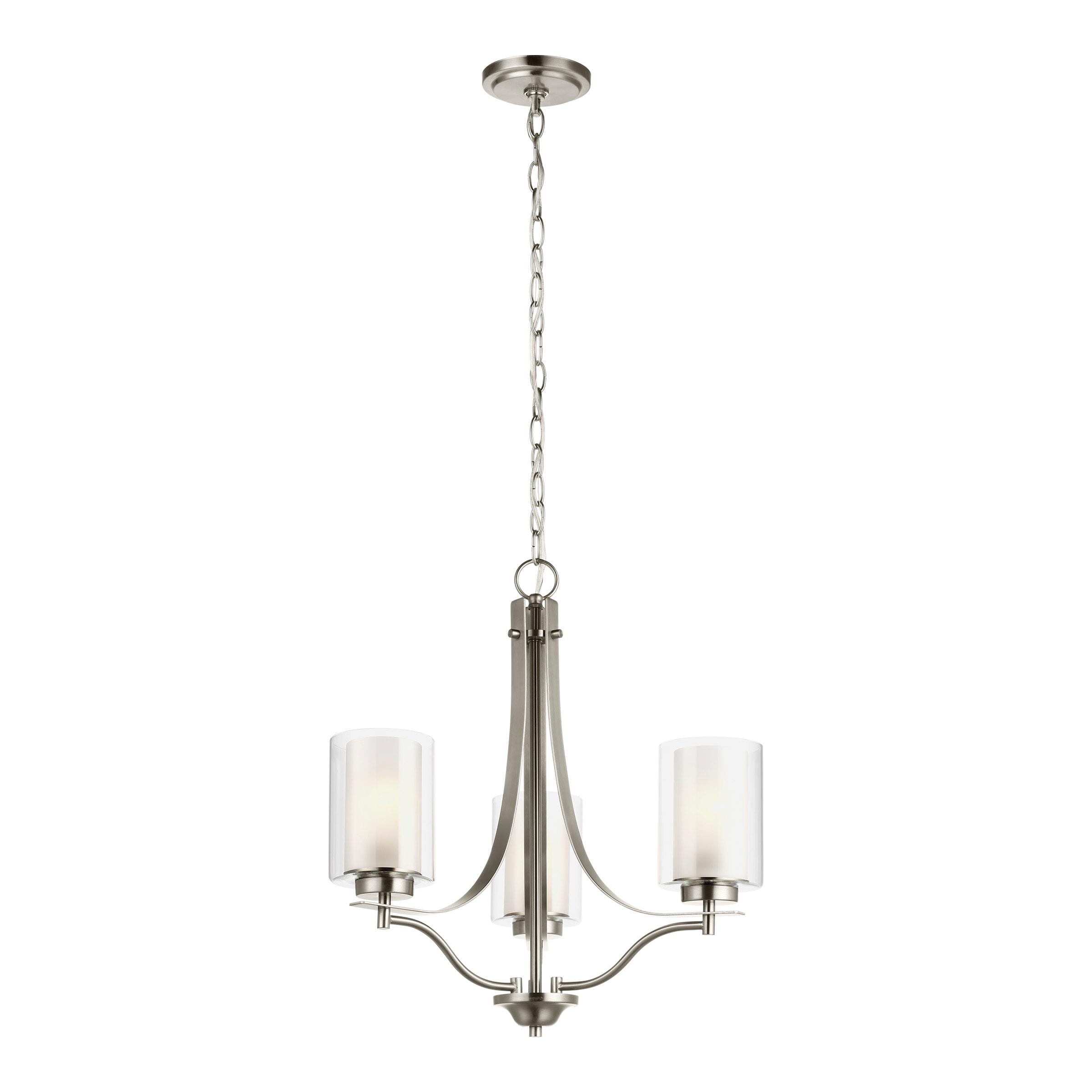 Elmwood 3-Light Brushed Nickel Modern Transitional Hanging Candlestick Chandelier with Satin Etched Glass Shades