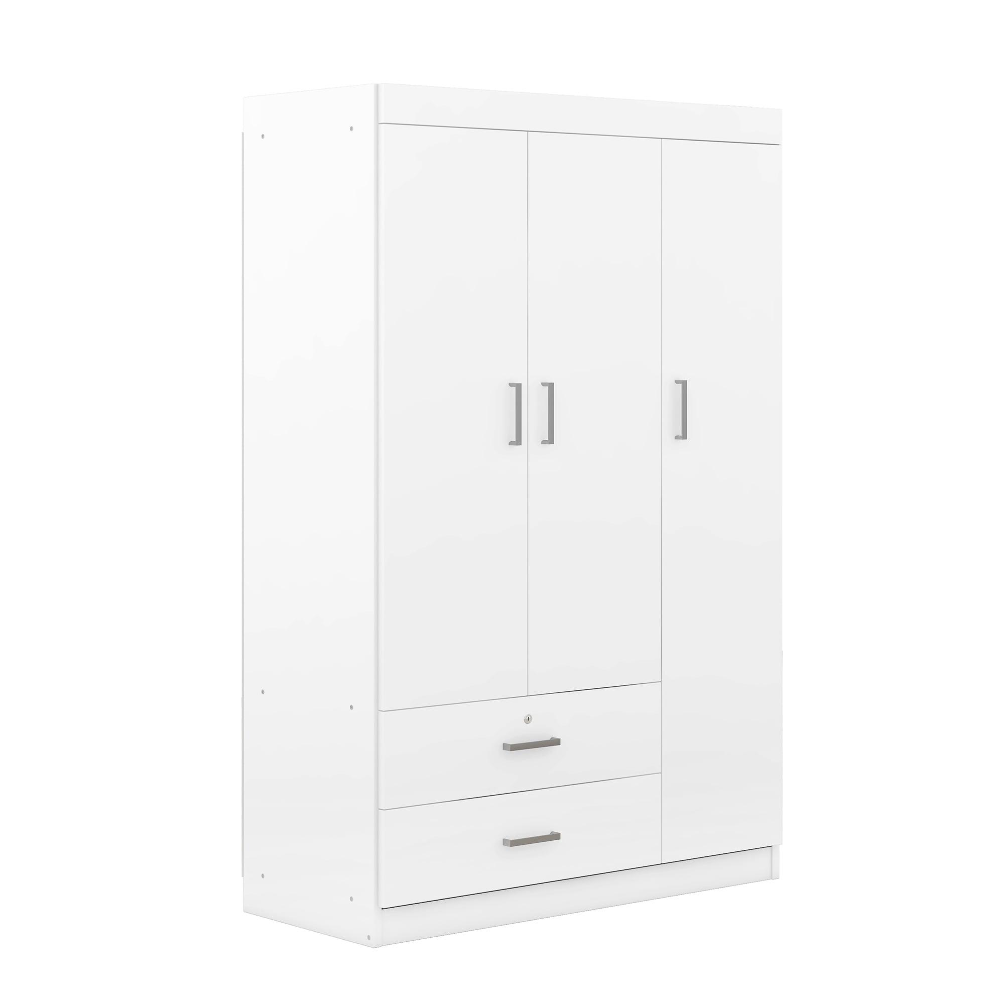 Harper & Bright Designs Large 3 Doors Wardrobe Closet with 2 Drawer and Hanging Rail, Bedroom Clothes Storage Cabinet Organizer, White