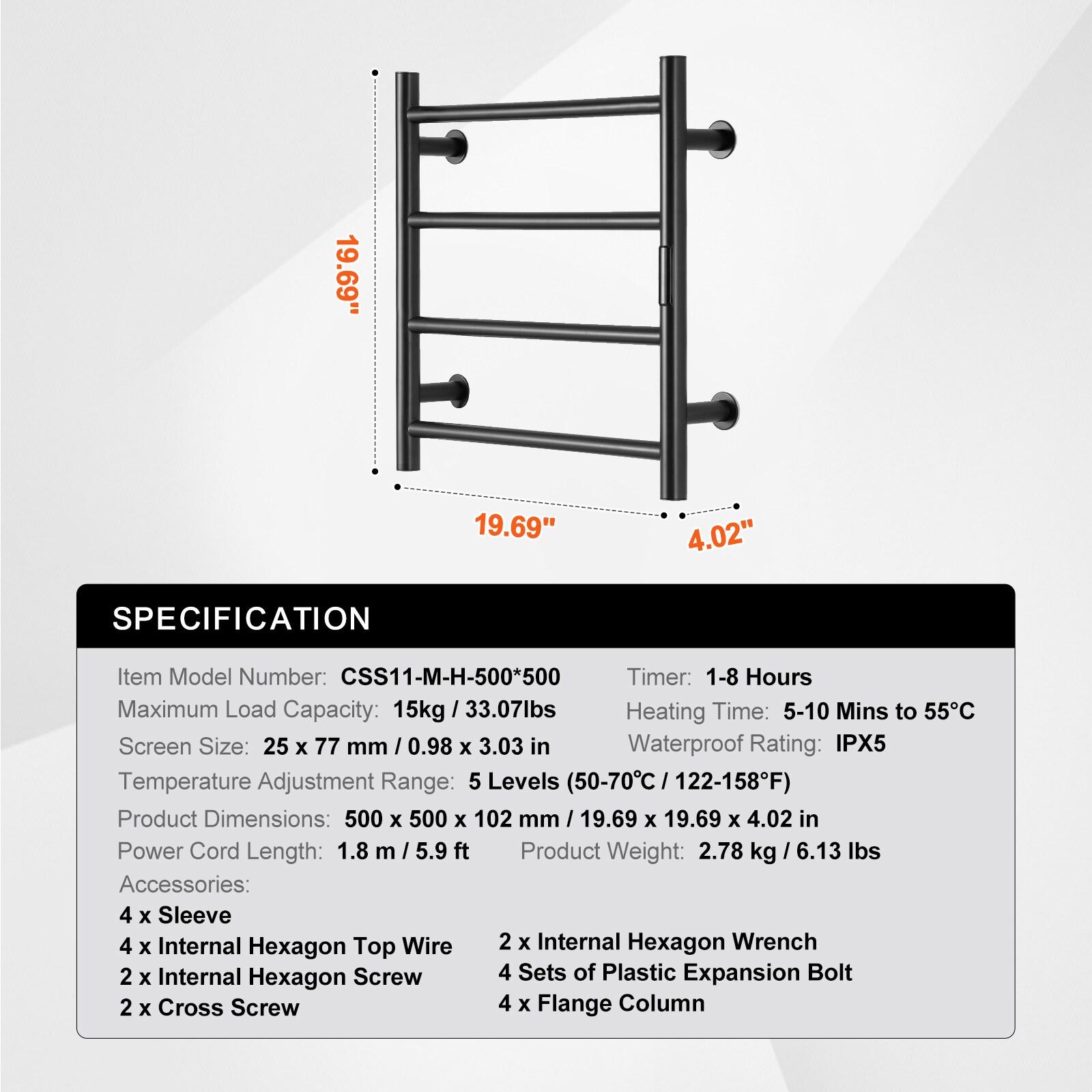 VEVOR 4 Bars Towel Warmer Rack, Wall Mounted Heated Towel Rack for Bathroom, IPX5 Waterpoof Towel Heater Rack with Timer & Display Screen, Black