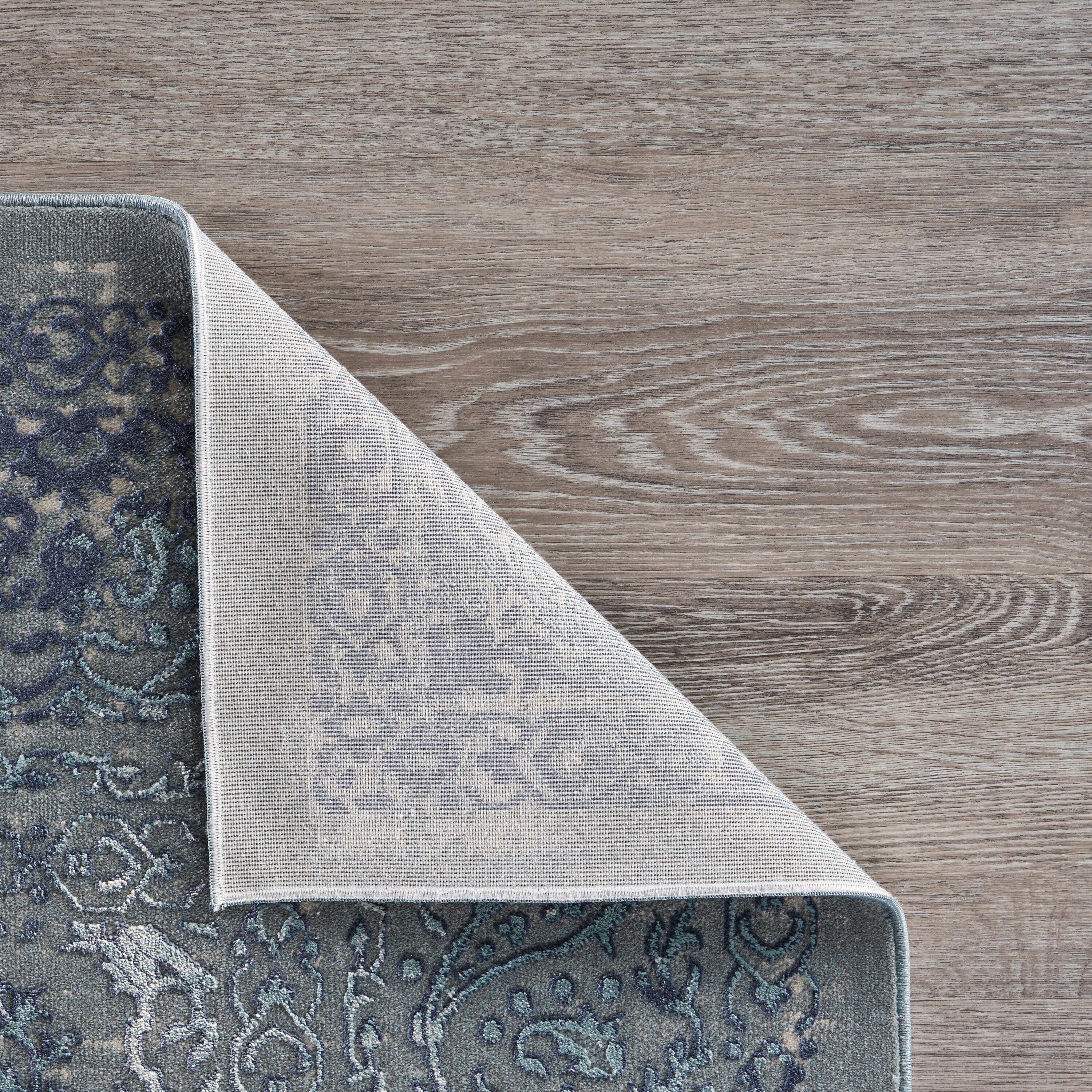 LR Home Imara Amety Blue/Silver Traditional Damask Polyester Area Rug, 9'6" x 13'