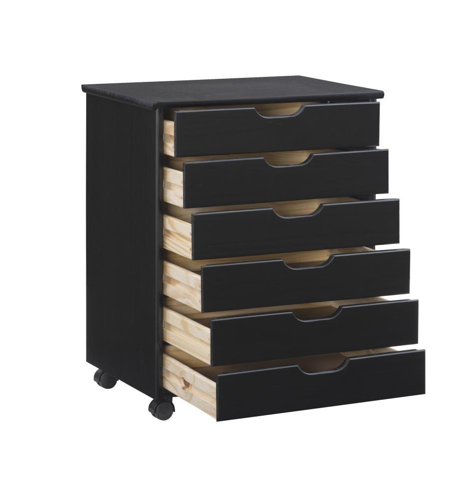 Cary Transitional 6 Drawer Solid Wood Contoured Handle Cut Out Wide Roll Cart Black - Linon: Pine Frame, Farmhouse Style, Portable Storage