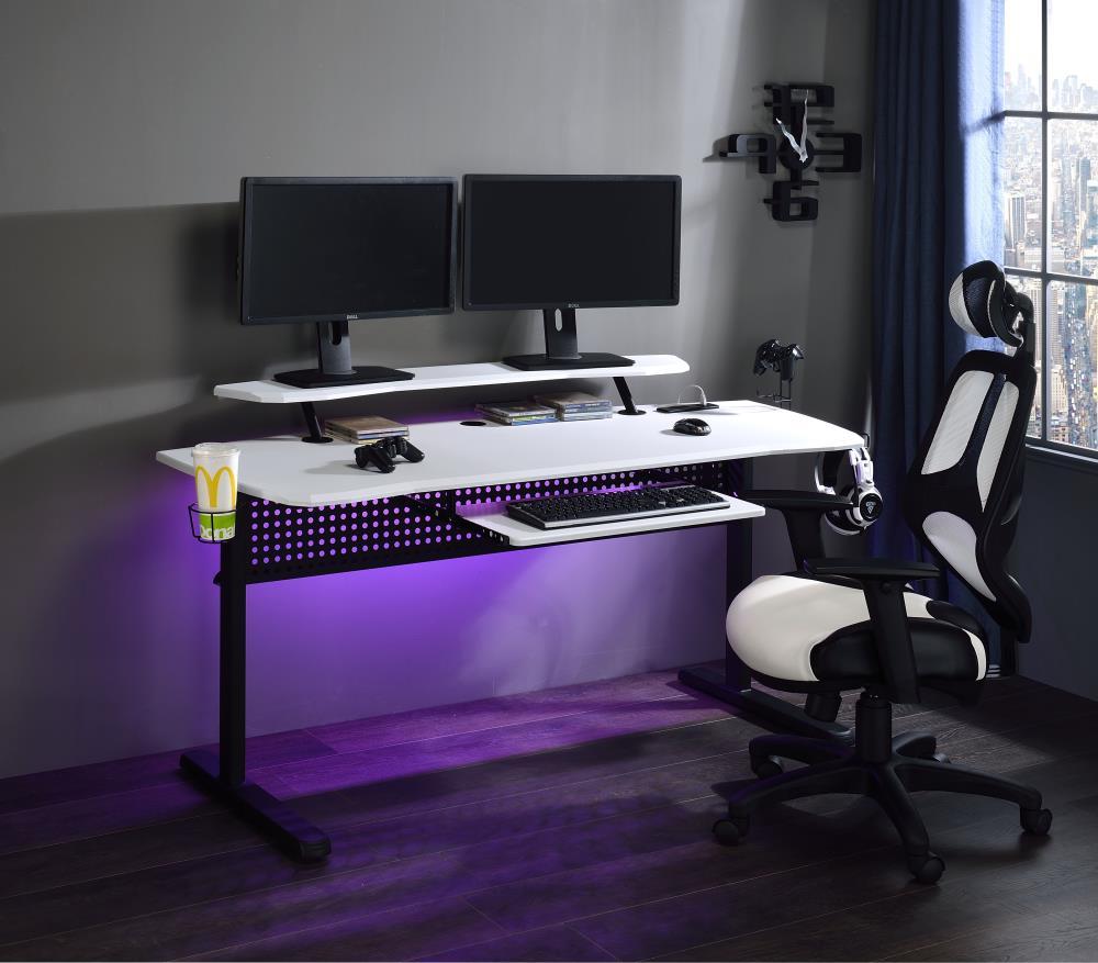 Vildre Gaming Desk with USB Port Black/White - Acme Furniture: Hutch, Power Outlets, Cupholder, Controller Stand