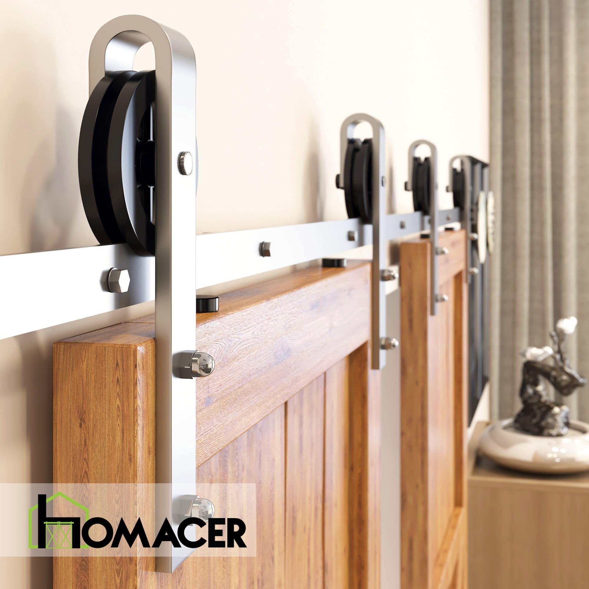 Homacer Brushed Nickel Sliding Barn Door Hardware Kit, for Two/Double Doors, 5ft Long Flat Track, Spoke Wheel Design Roller, Heavy Duty, for Interior & Exterior Use