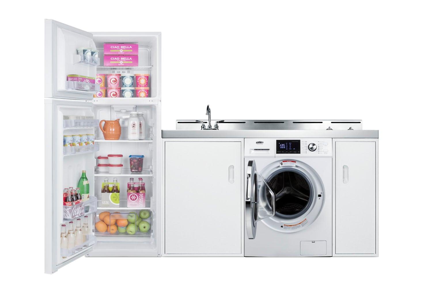 All-in-one combination kitchenette with full-sized refrigerator-freezer, 115V combo washer/dryer, sink, storage cabinet, and 2-burner coil cooktop