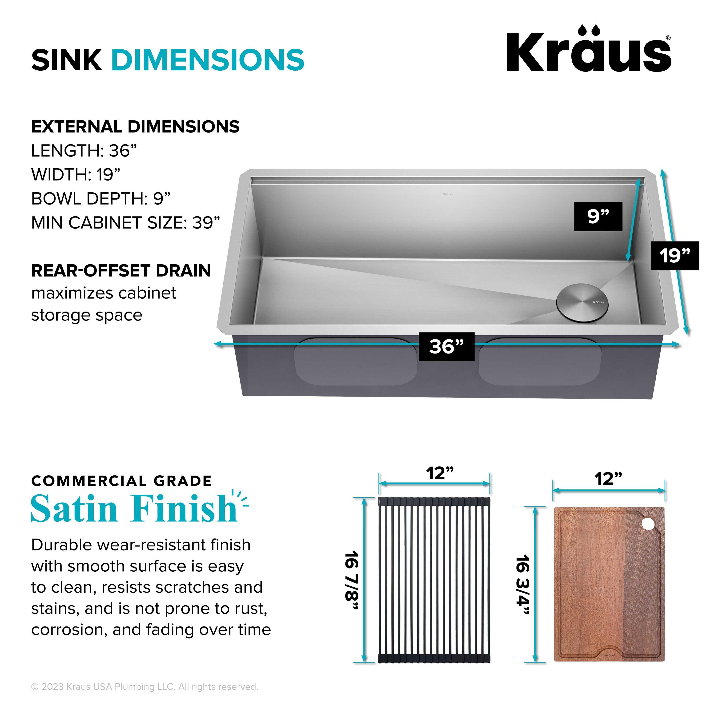 KRAUS Kore™ 36" L Undermount Workstation 16 Gauge Stainless Steel Single Bowl Kitchen Sink with Accessories