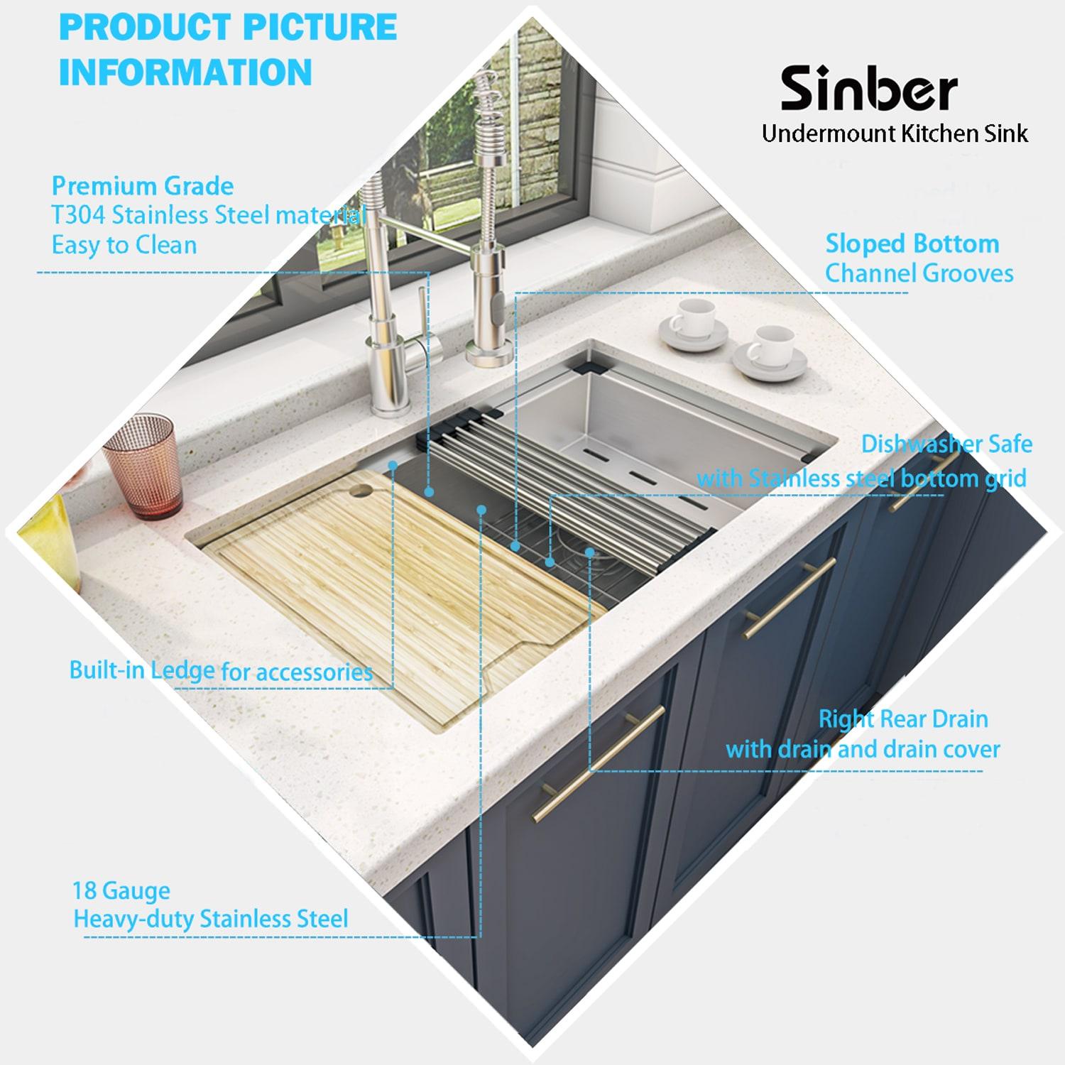 Sinber 30" Undermount Single Bowl Workstation Kitchen Sink with 304 Stainless Steel