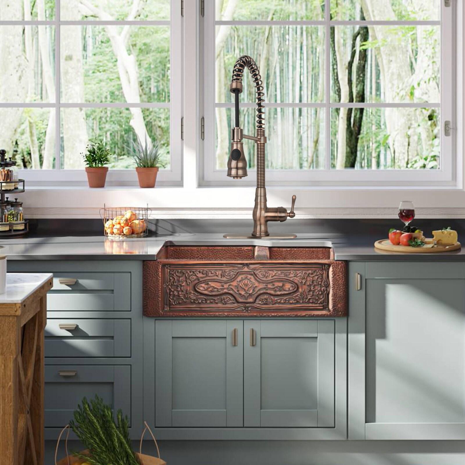 Akicon Pre-Rinse Spring Kitchen Faucet, Single Level with Pull Down Sprayer Copper Copper Finish