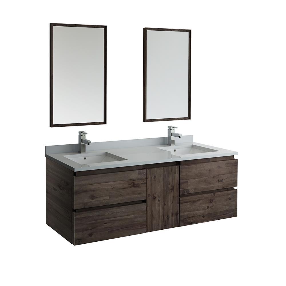 Fresca Formosa 60" Wall Mount Floating Double Sink Modern Bathroom Vanity with Top, Sinks and Mirrors - Faucets Not Included