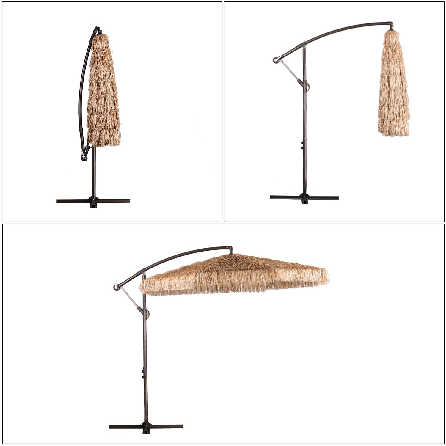 Aoodor 10FT Cantilever Tiki Thatch Patio Umbrella, Hand-Push Tilt Offset Umbrella for Outdoor, Natural Straw Look (No Base)