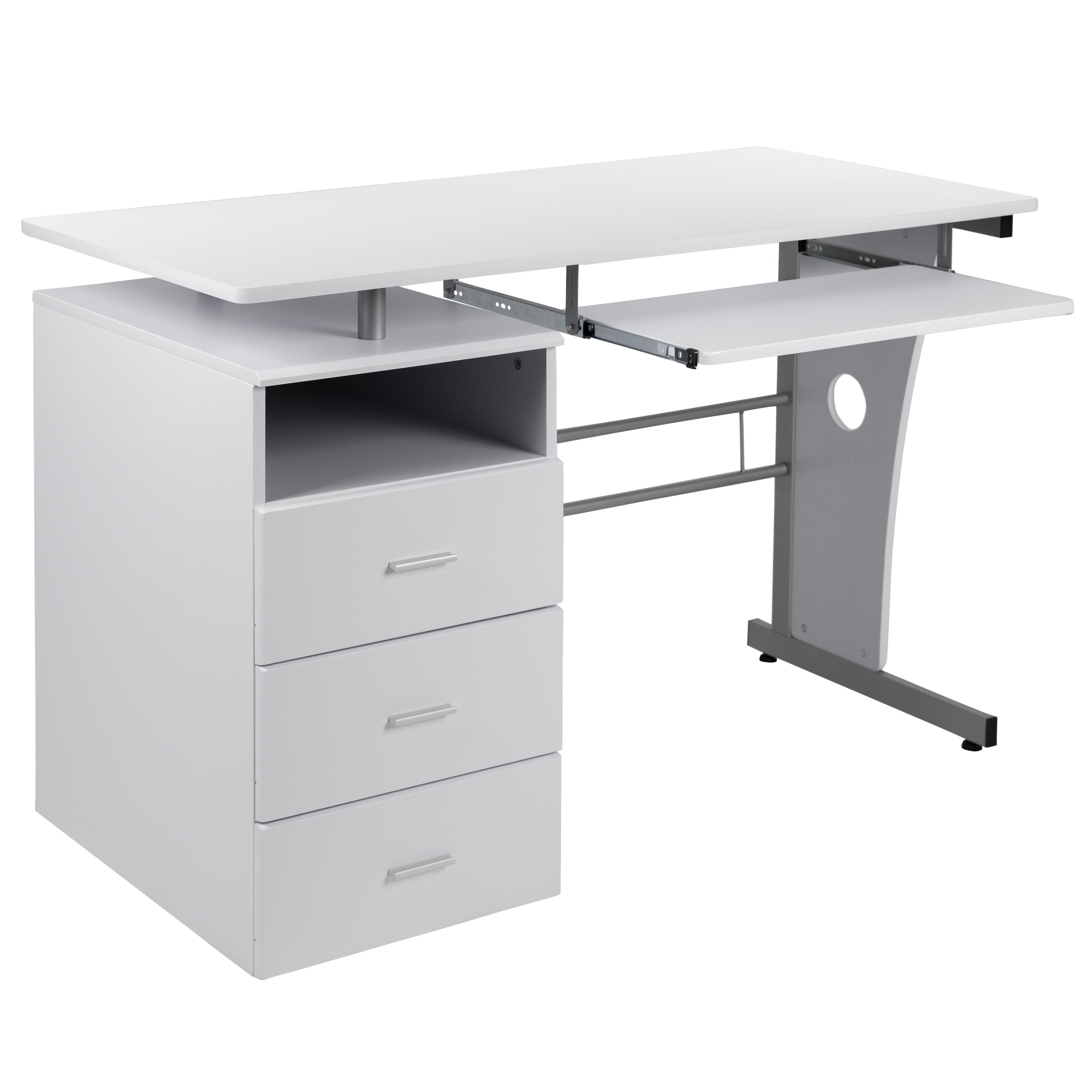 Flash Furniture White Desk with Three Drawer Pedestal and Pull-Out Keyboard Tray