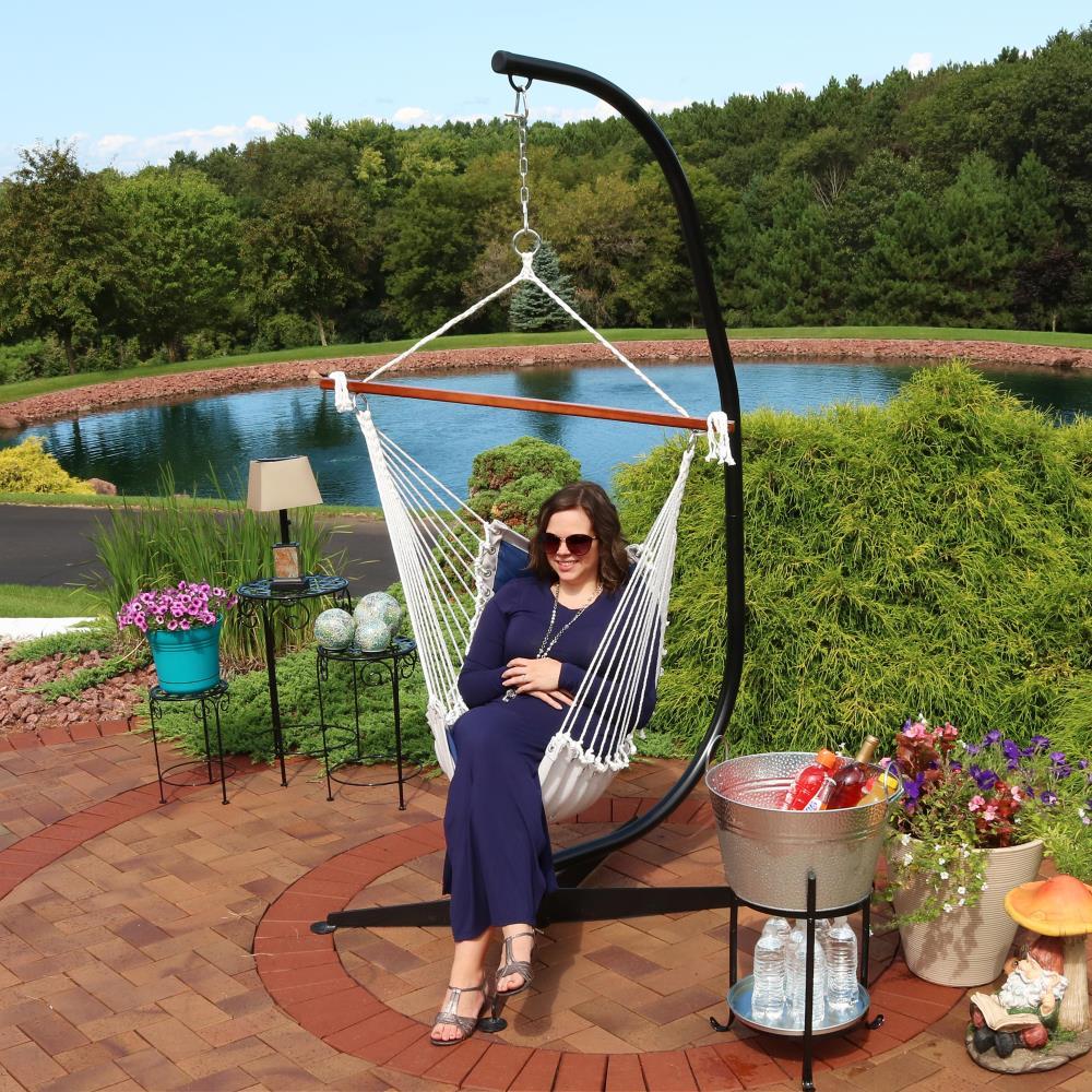 Sunnydaze Large Tufted Victorian Hammock Chair Swing with C-Stand - 300 lb Weight Capacity - Navy Blue