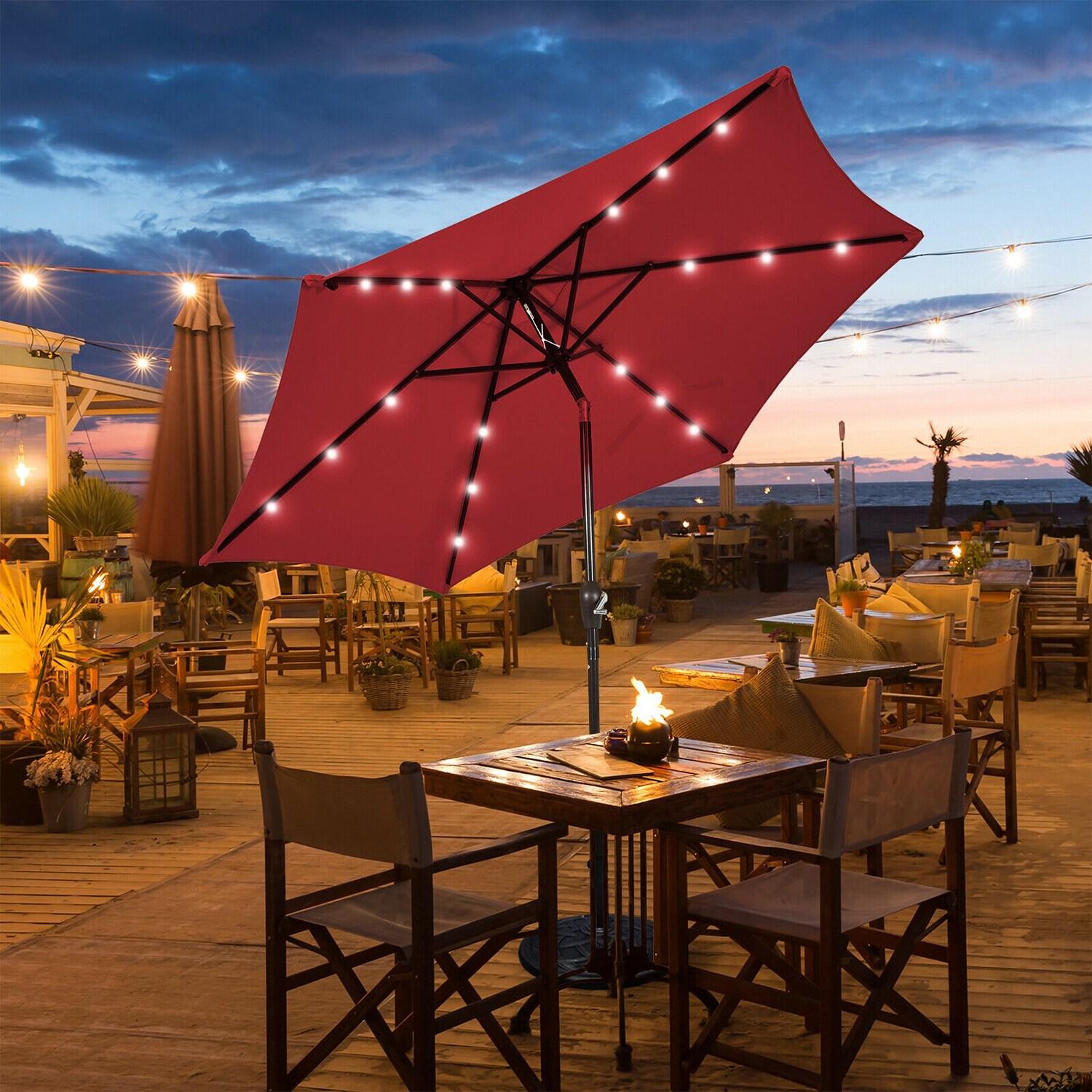 Kadyn Outdoor Patio Umbrella, Outdoor Market Table Umbrella, 9 Feet Solar LED Lighted Patio Market Umbrella Tilt Adjustment Crank Lift-Dark Red
