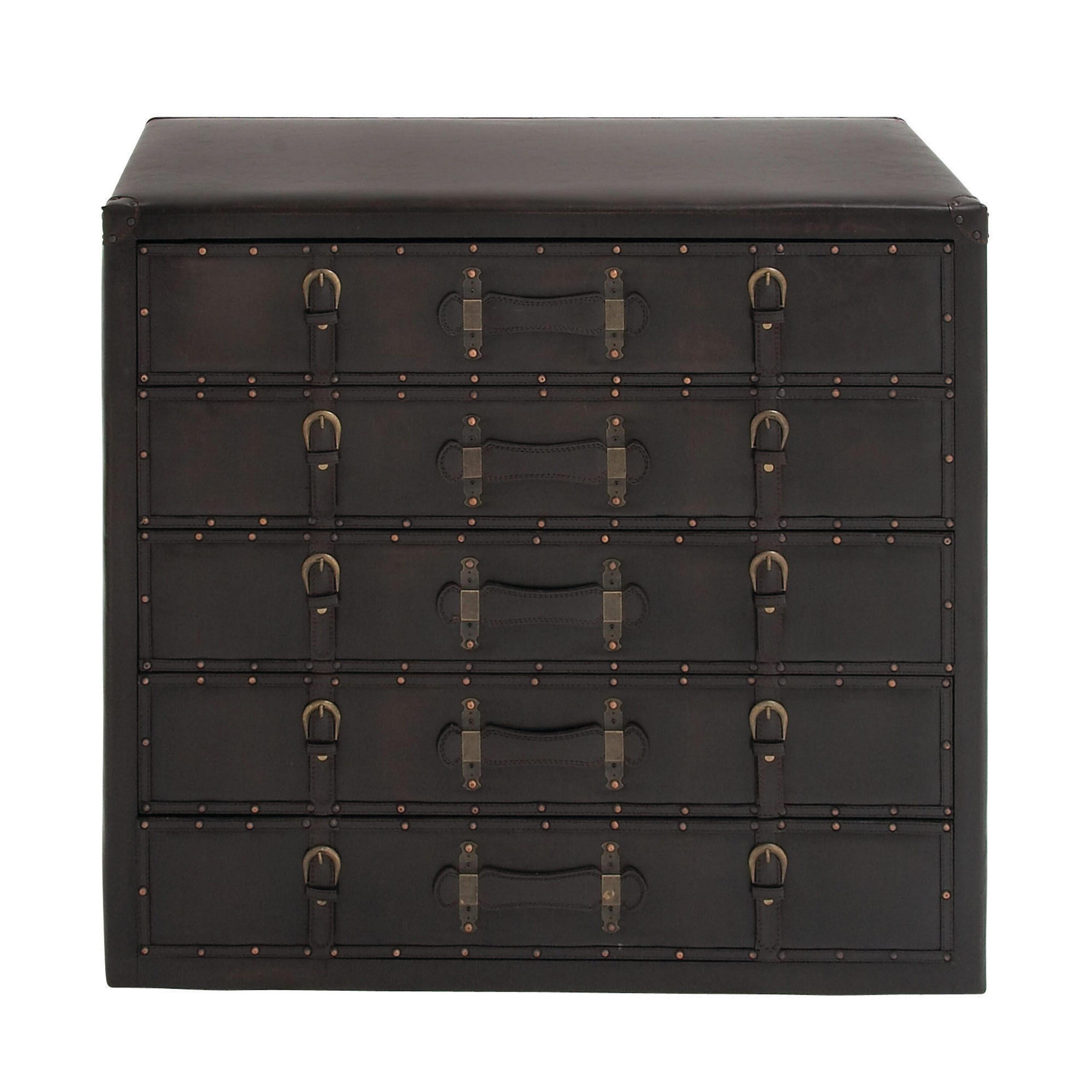 DecMode 36" x 32" Black Wood Vintage Faux Leather Chest with Buckles and Straps Detailing, 1-Piece