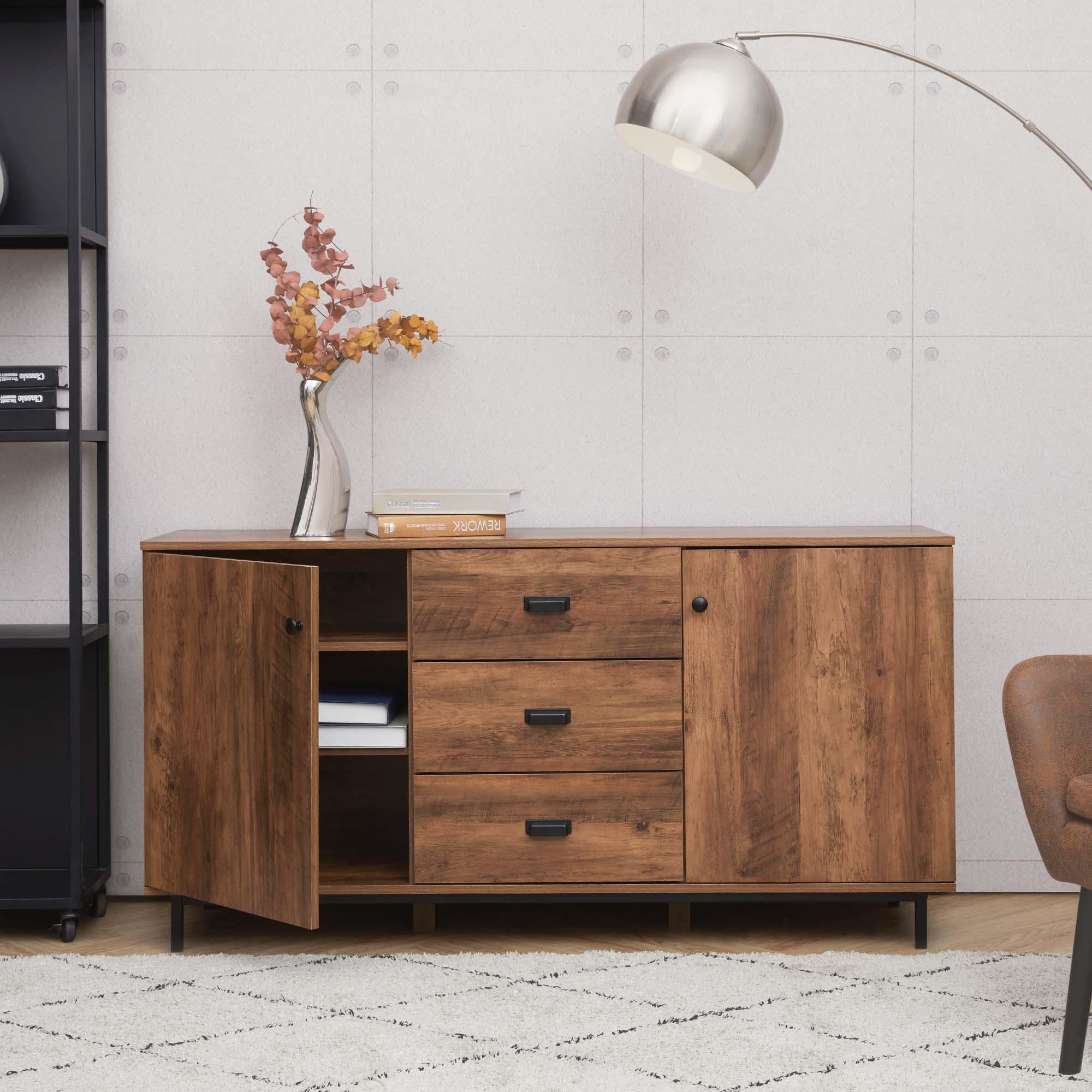 Brooklyn Sideboard with Metal Legs and Handles Brown - Teamson Home: Modern Storage Buffet Server, Veneer Surface, MDF Frame