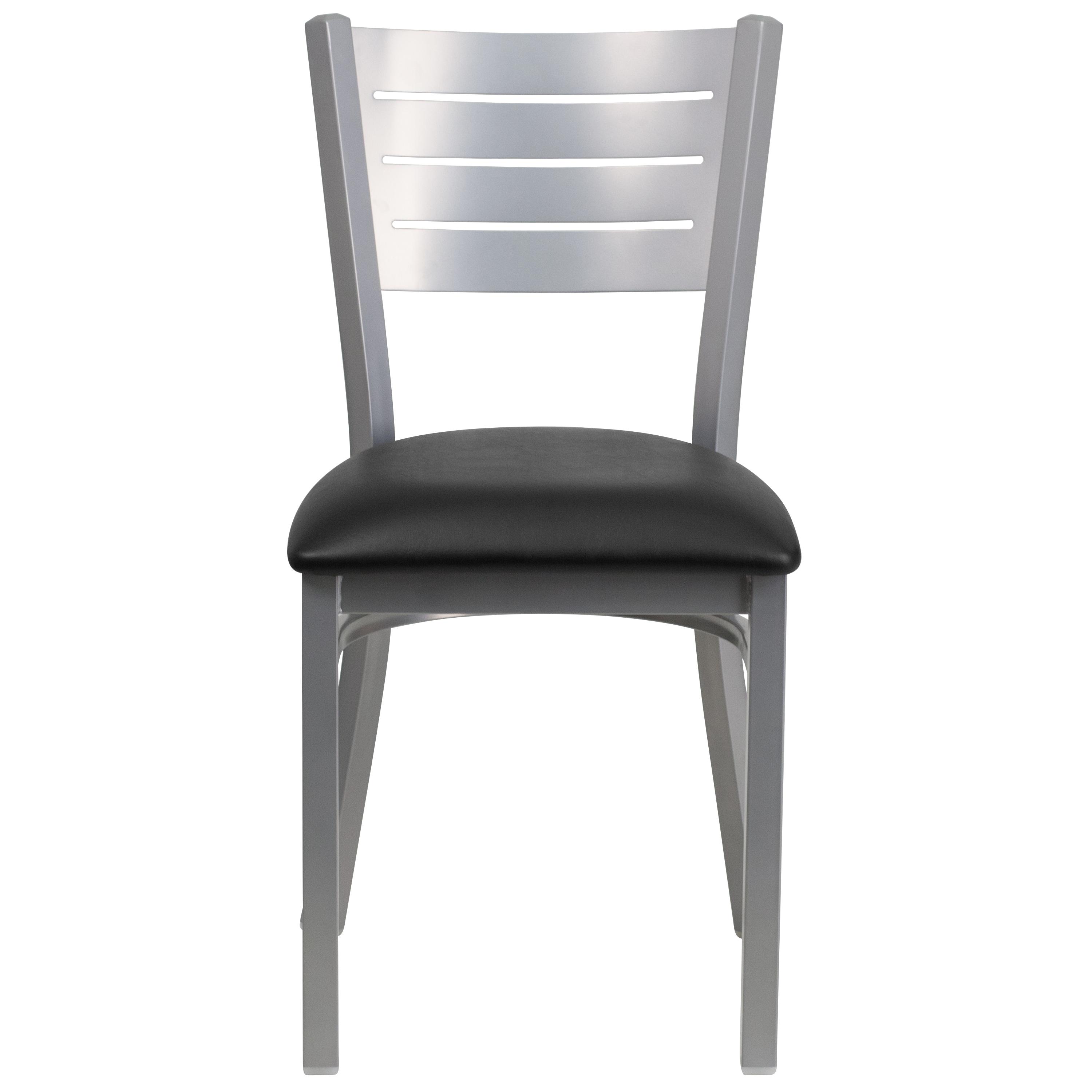 Flash Furniture HERCULES Series Silver Slat Back Metal Restaurant Chair - Black Vinyl Seat