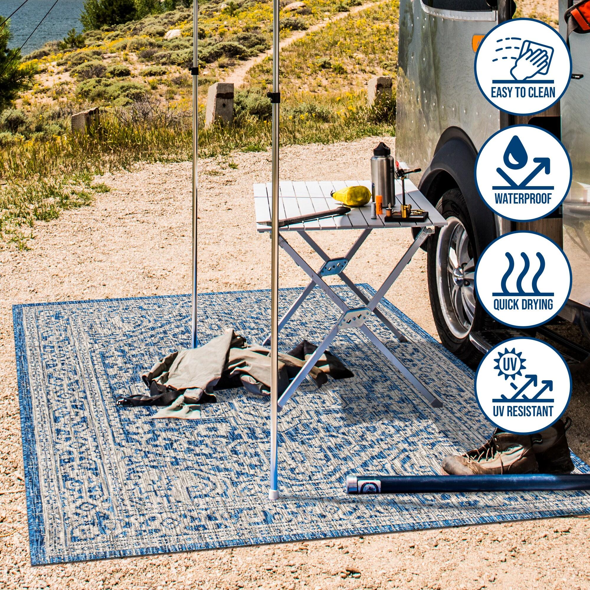 3'x5' Sinjuri Medallion Textured Weave Indoor/Outdoor Area Rug, Navy/Gray - JONATHAN Y