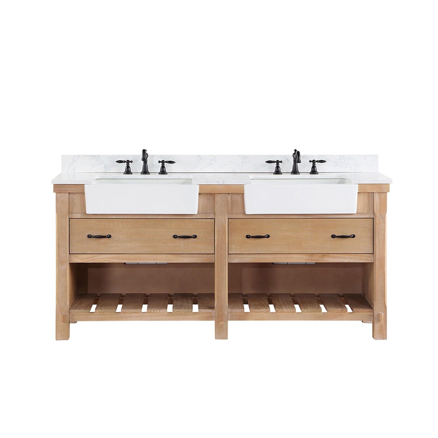 Villareal 72" Double White Farmhouse Basin Bath Vanity in Weathered Pine Wood