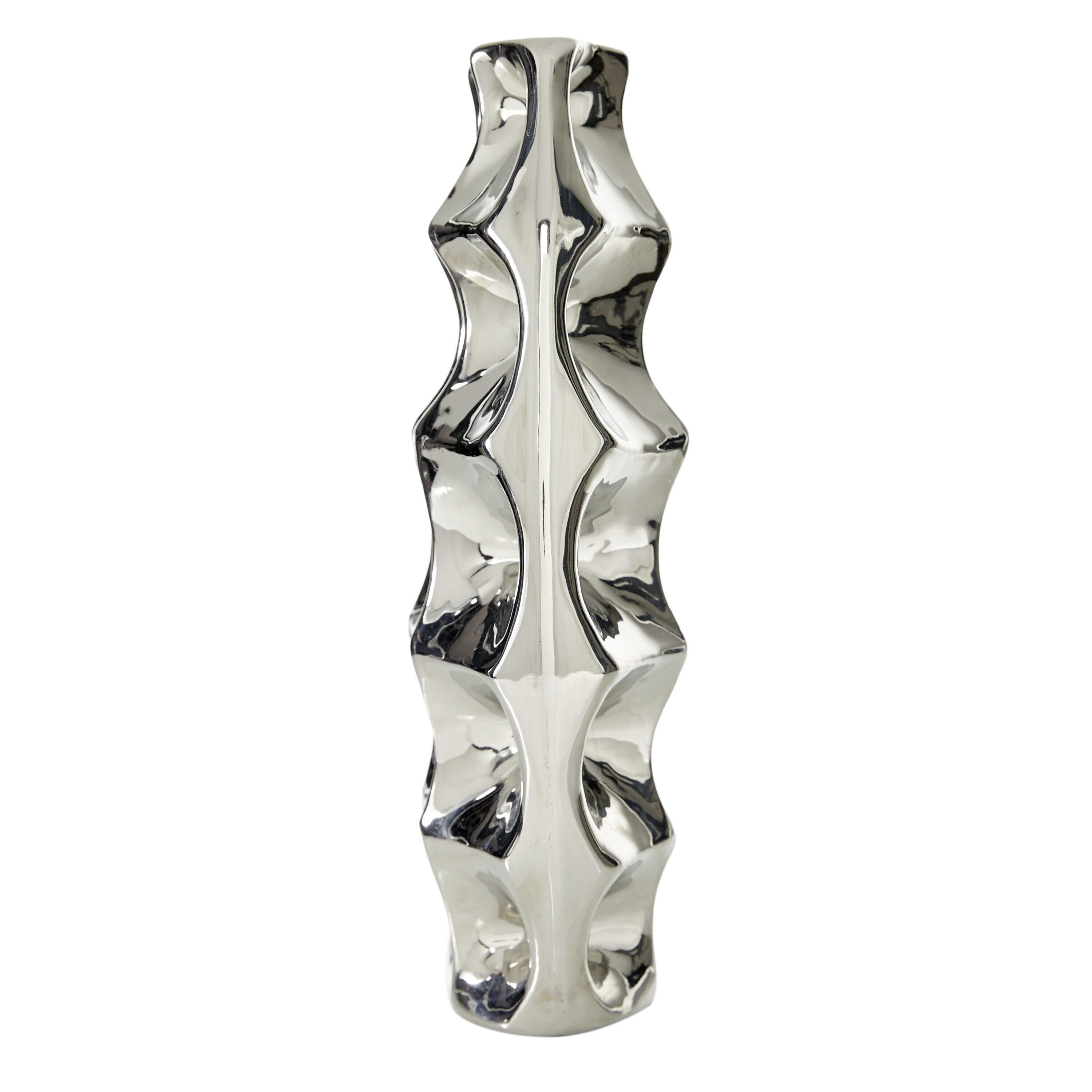 DecMode 14" Silver Ceramic Vase with Cut Out Designs