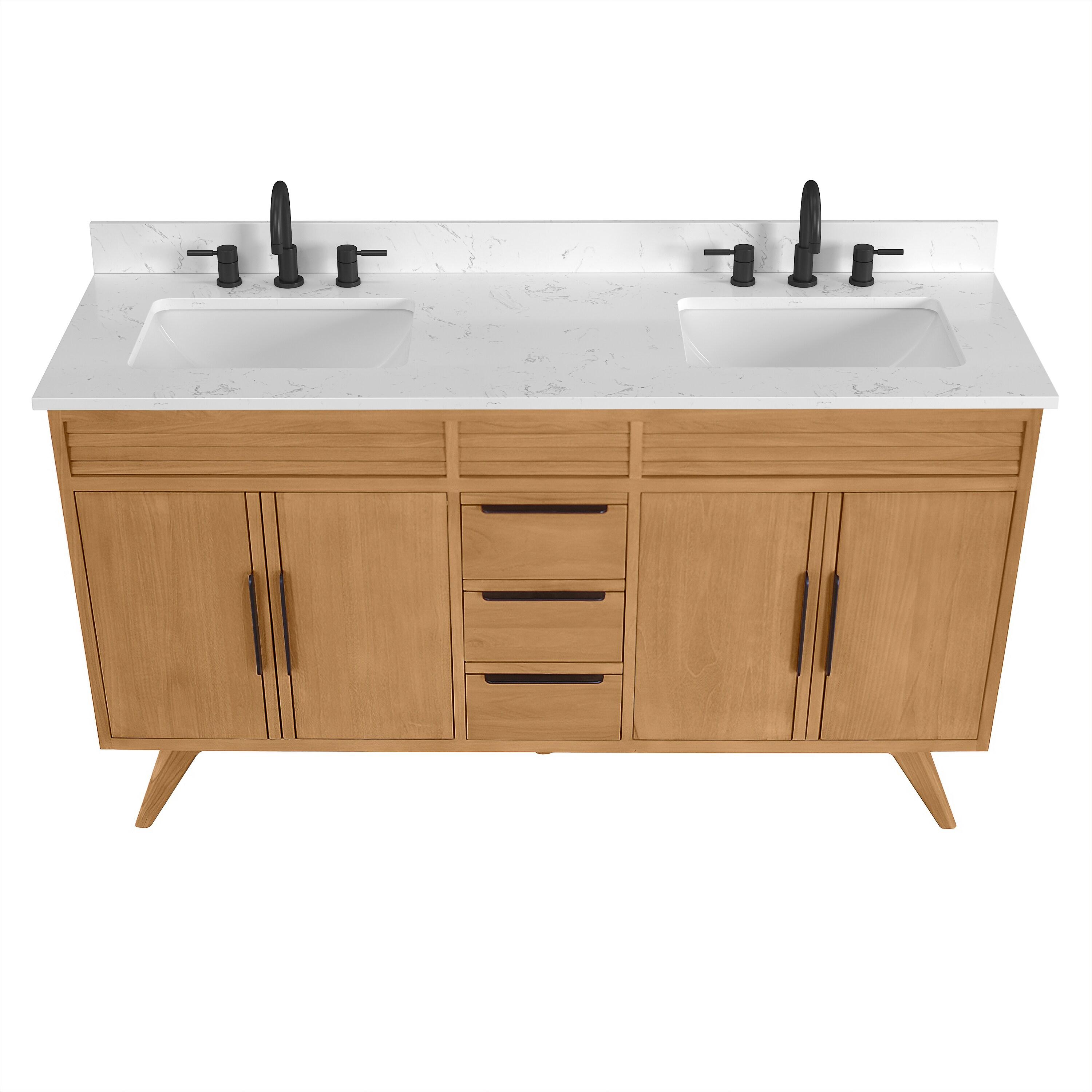 Taylor 61 in. Double Sink Bath Vanity in Natural Teak with Cala White Engineered Stone Top