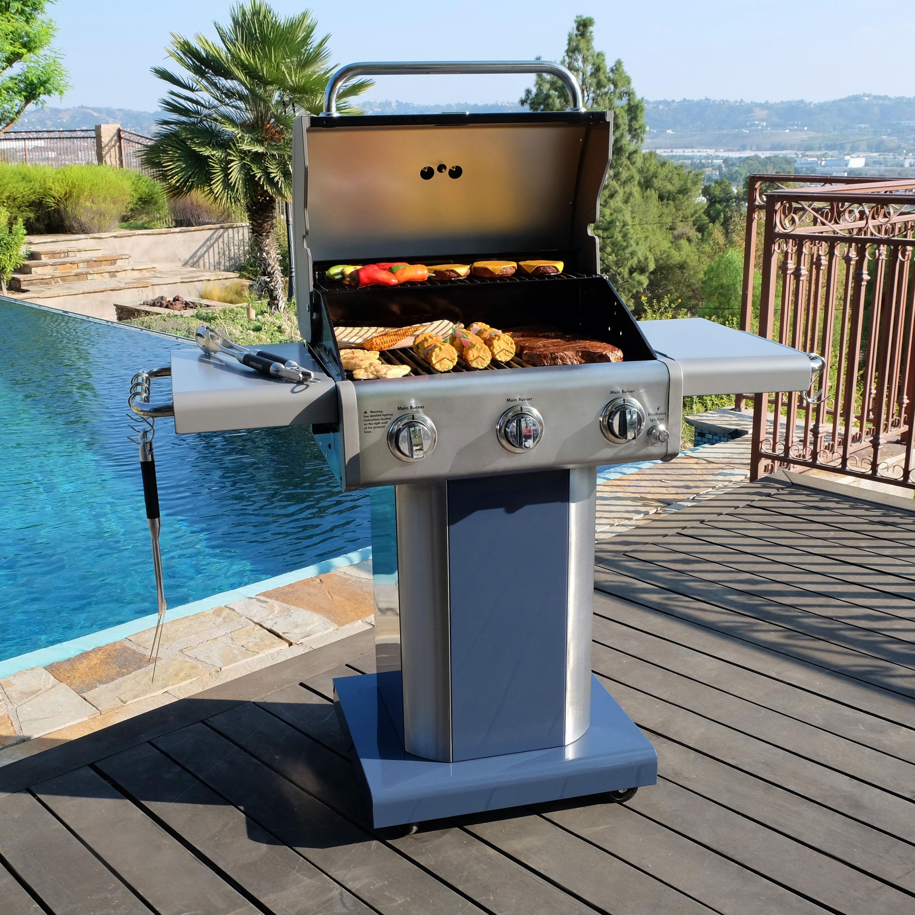 Kenmore 3-Burner Propane Gas Grill with Foldable Side Tables for Outdoor BBQ