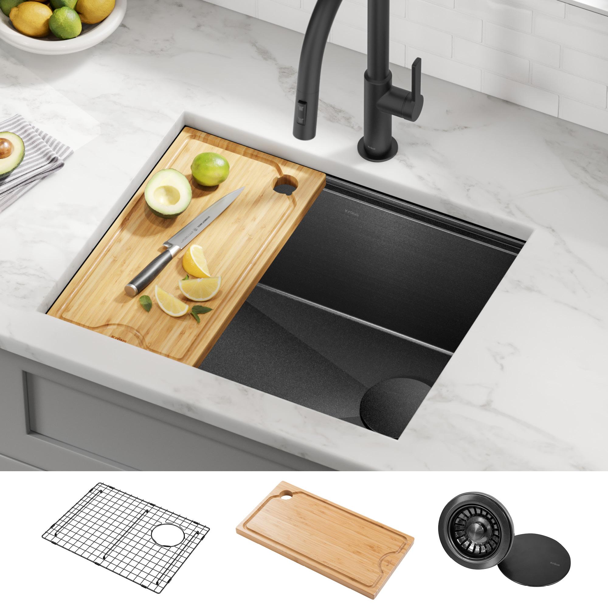 KRAUS Kore™ Undermount Workstation 16 Gauge Black Stainless Steel Single Bowl Kitchen Sink in PVD Gunmetal Finish