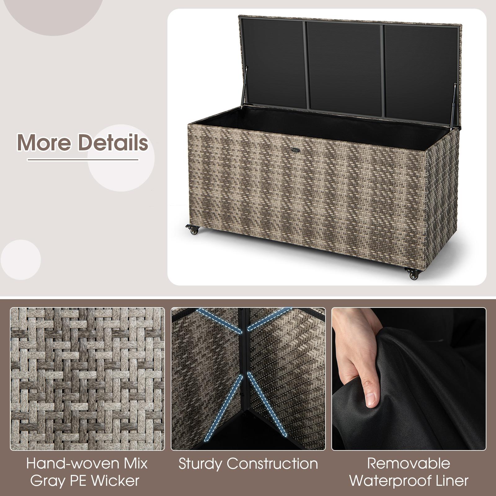 Costway 96 Gallon Patio Rattan Storage Deck Box Container Garden Liner Wheels Mix Grey