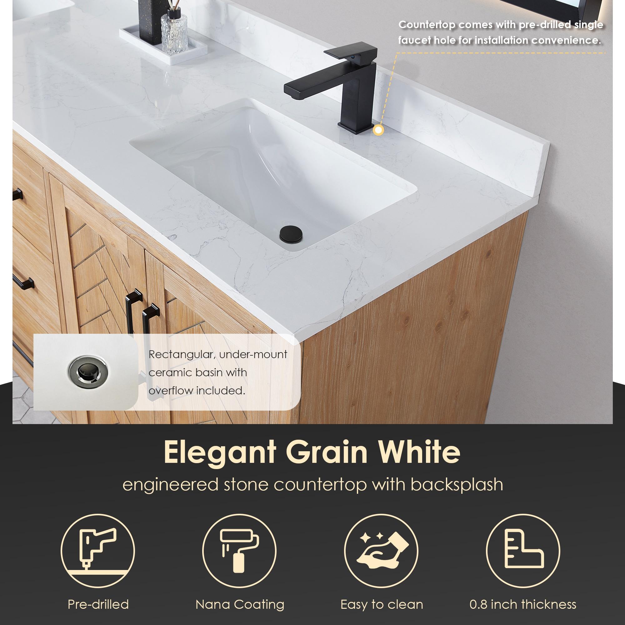 Anais 72" Wood Vanity in Light Brown with White Composite Stone Top with Mirror
