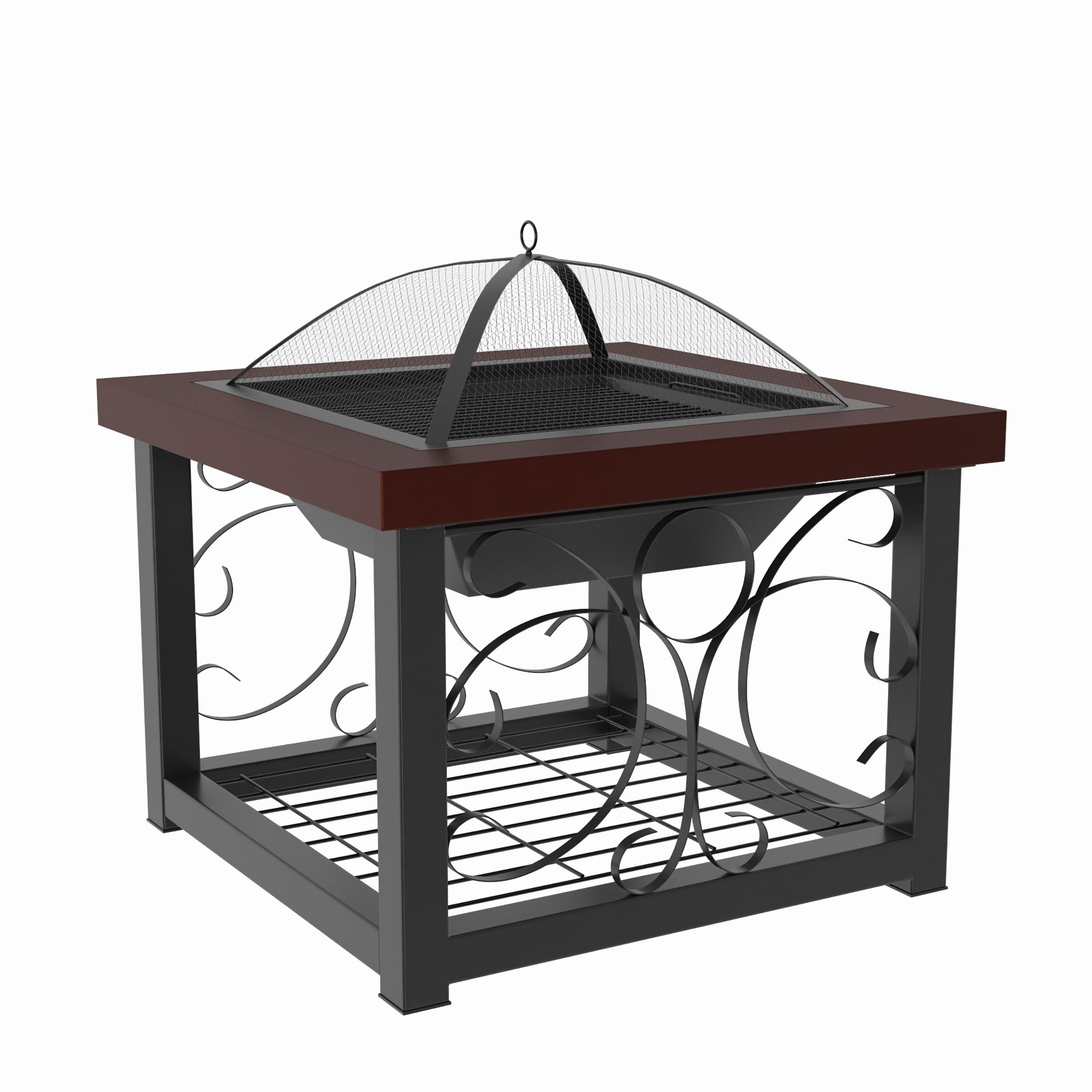 Fire Sense Fire Pit Cocktail Square Table Wood Burning Mesh Spark Screen Wood Grate with Storage Rack – Hammered Bronze Finish