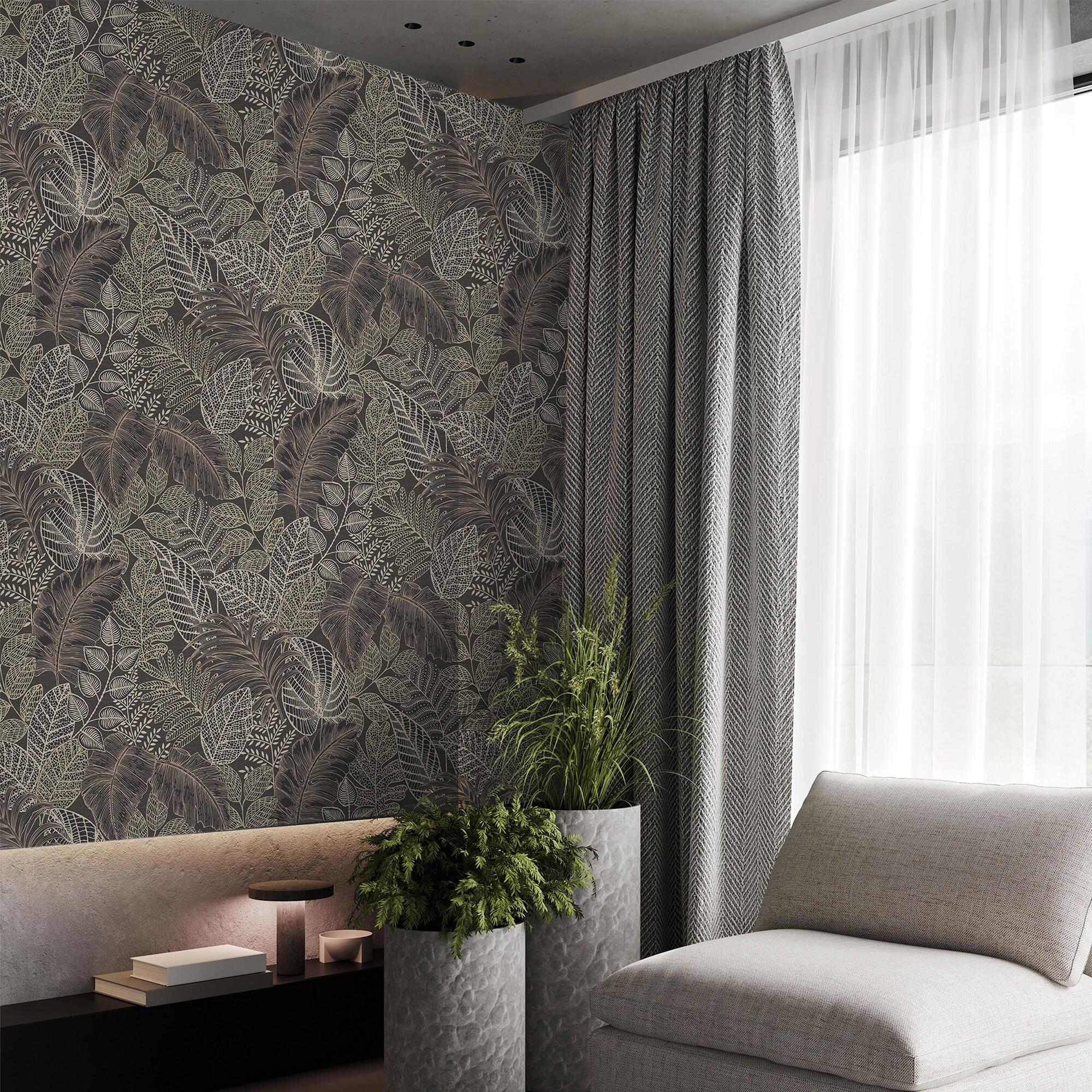 Superfresco Easy Scattered Leaves Charcoal and Gold Wallpaper