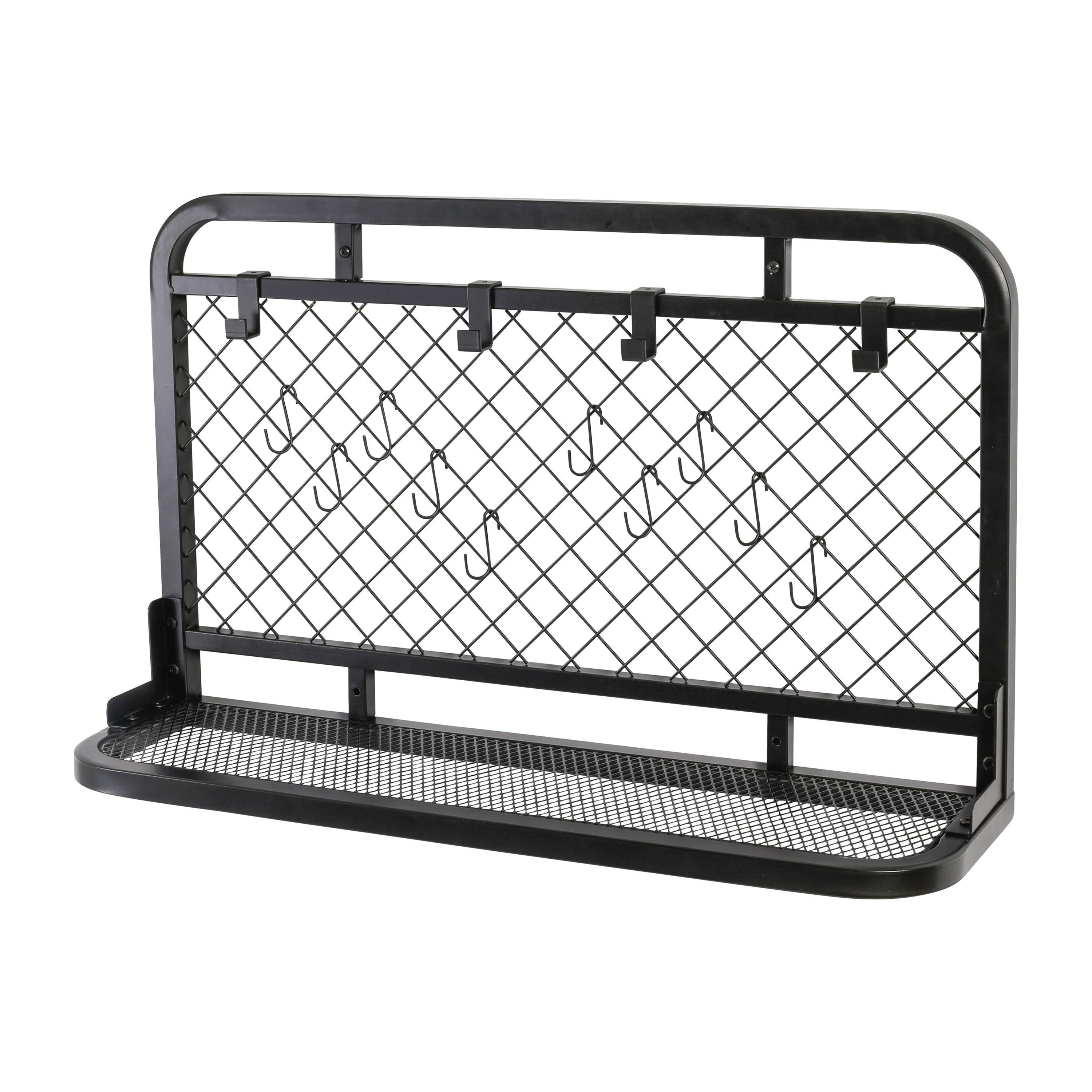 Honey-Can-Do Wall-Mounted Steel Reversible Garage Grid Shelf with Hooks, Black, Holds up to 60 lb per Shelf