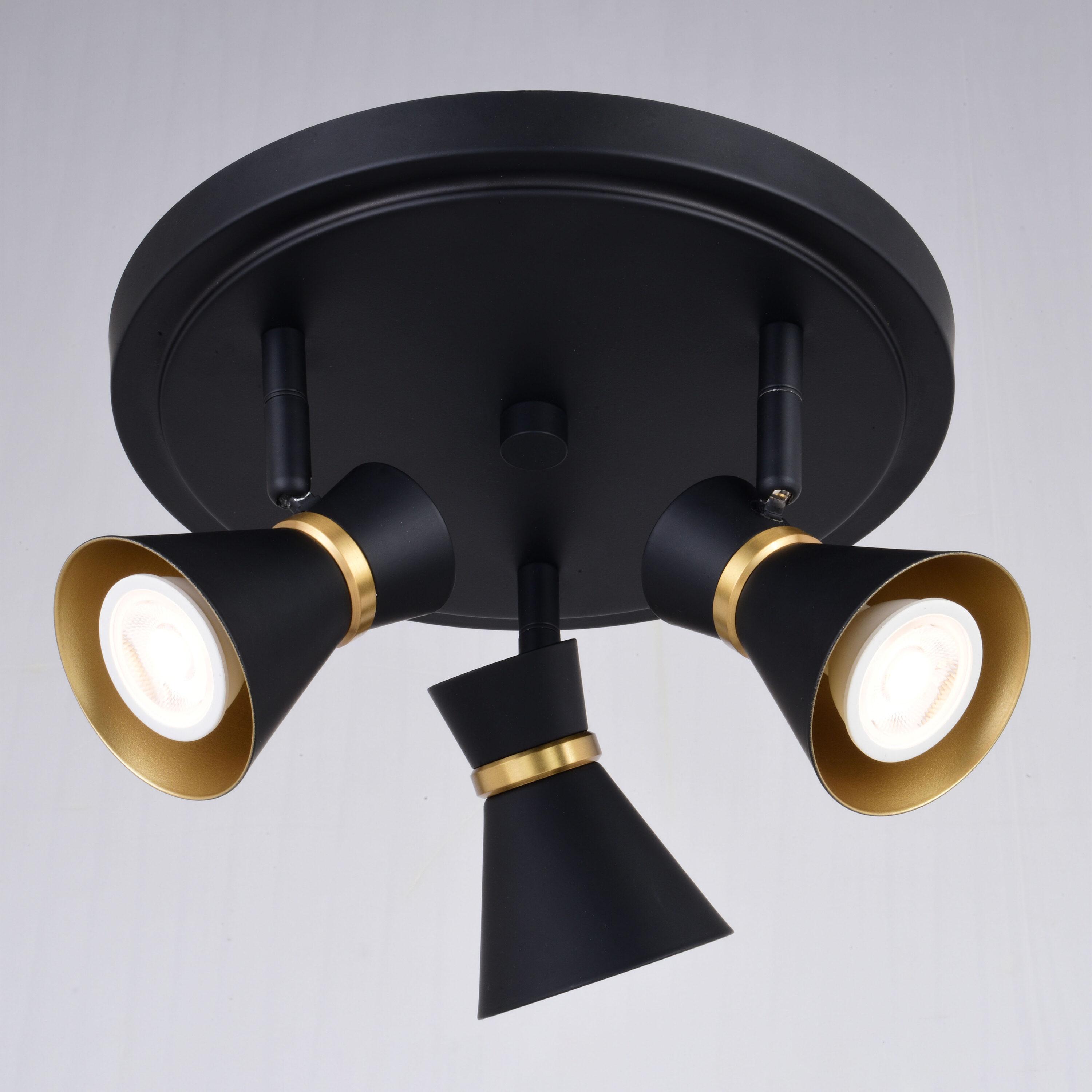 Alto 3 Light LED Matte Black with Gold Satin Brass Accents Mid-Century Modern Directional Ceiling Spot Fixture with Metal Shades