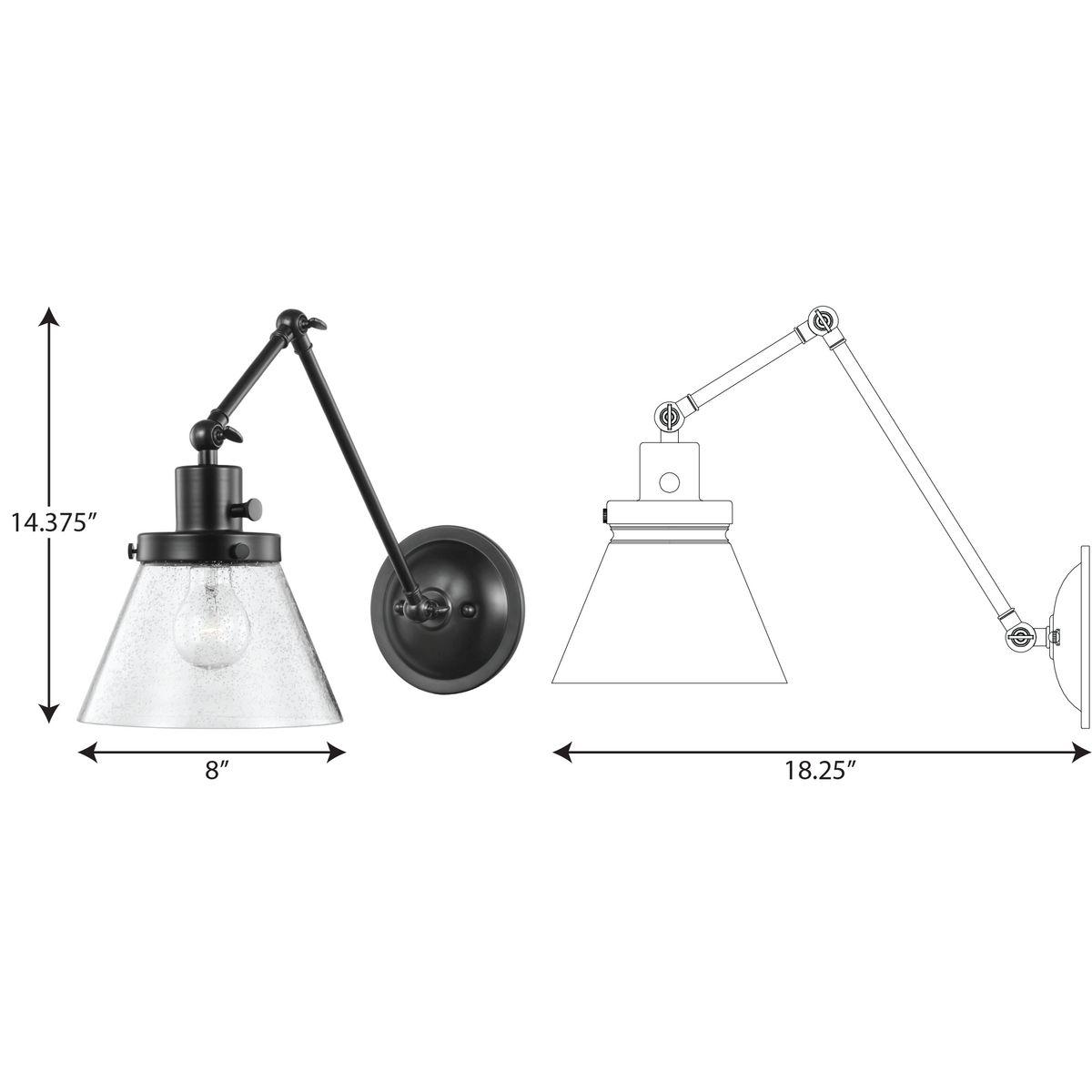 Progress Lighting Hinton 1-Light Swing Arm Wall Bracket, Steel, Black Finish, Seeded Glass Shade