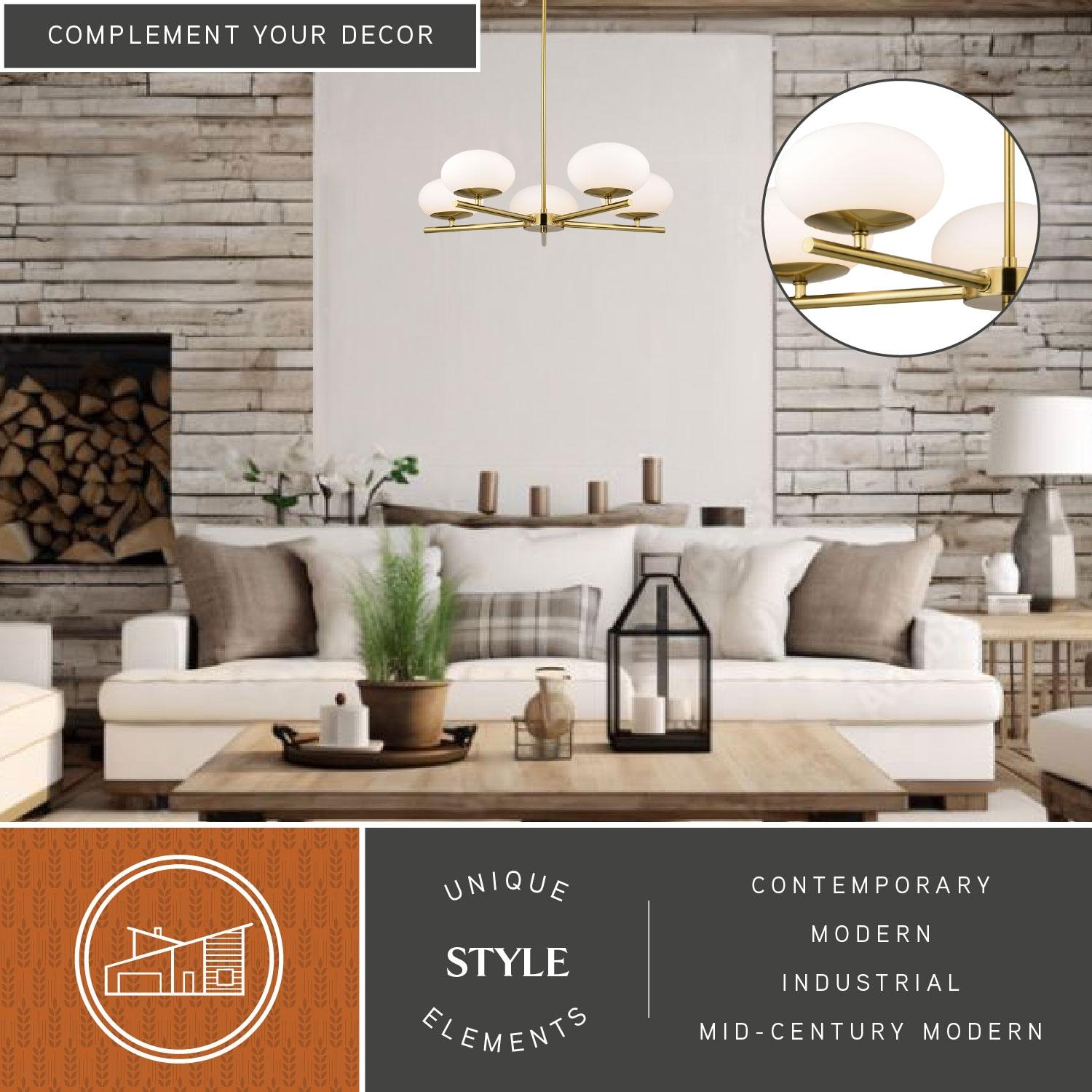 VAXCEL Sloane 5 Light LED Gold Satin Brass Mid-Century Modern Chandelier with White Glass Globes