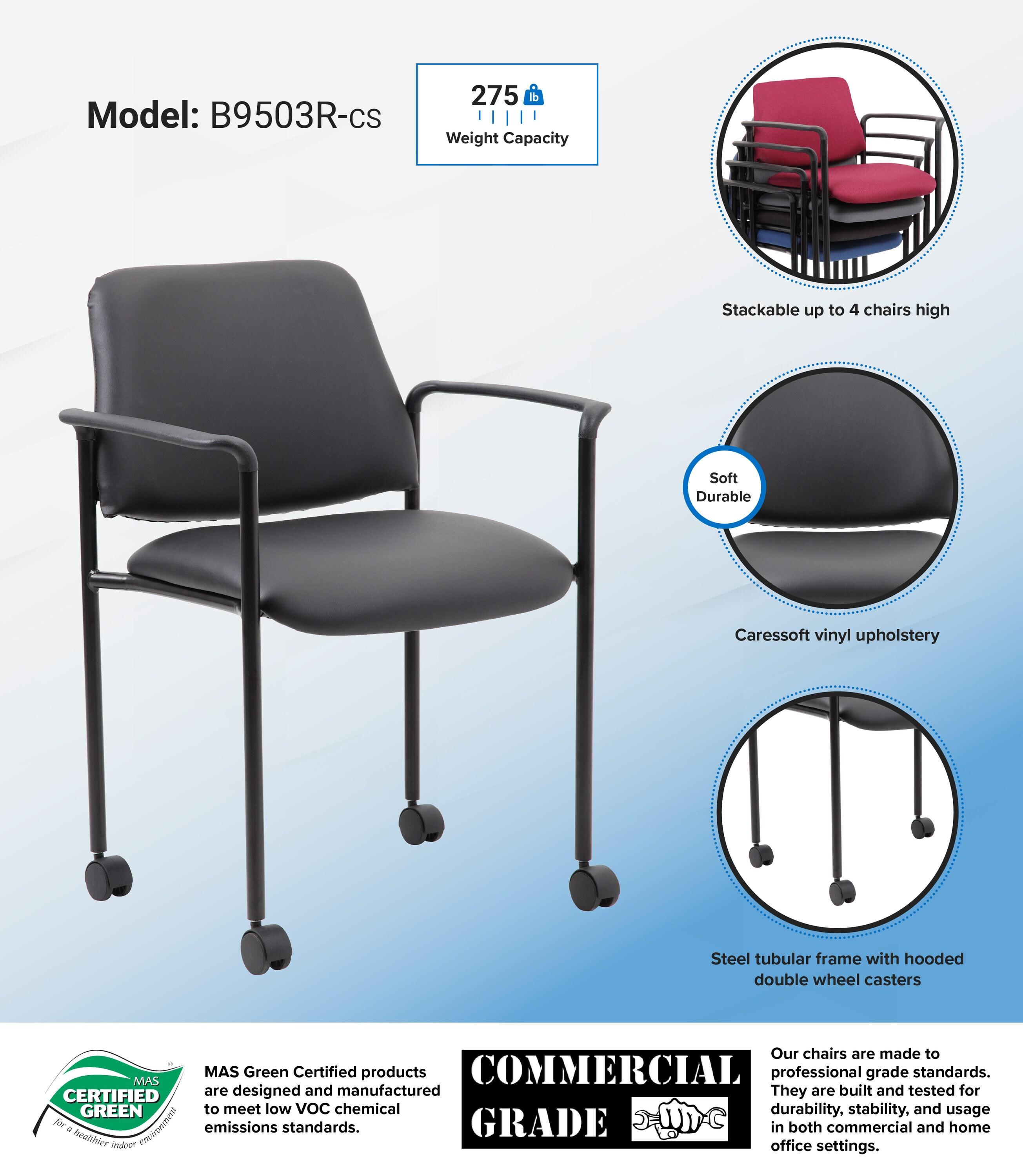Boss Office Products Stacking Chair with Casters Black: Upholstered Desk Chair, Metal Frame, Fixed Arms