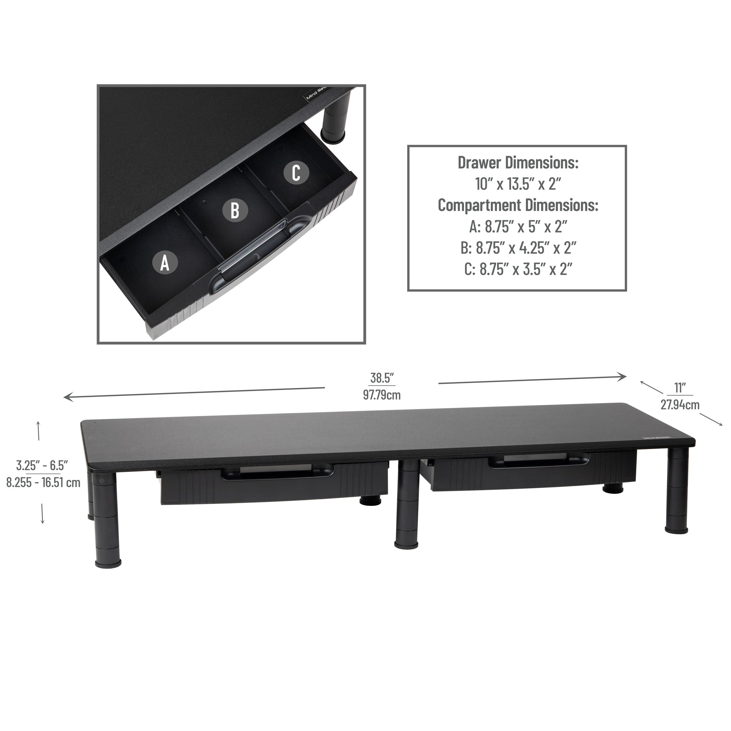 Mind Reader Dual Monitor Stand, Height Adjustable, Desktop Organizer, Laptop Riser, Office, 38.5"L x 11"W x 2.55-6.5"H