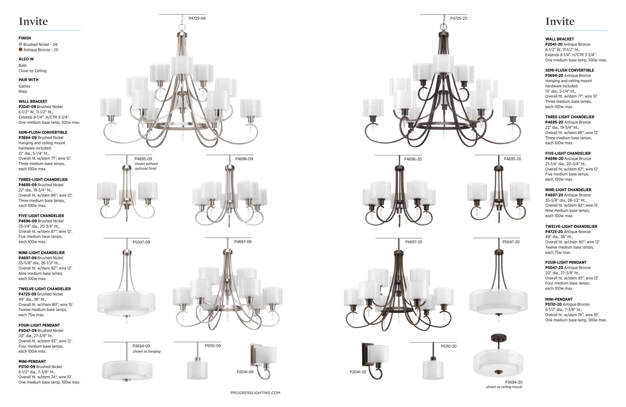 Progress Lighting, Invite Collection, 9-Light, Two-Tier Chandelier, Brushed Nickel, Translucent Sheer Mylar Shade