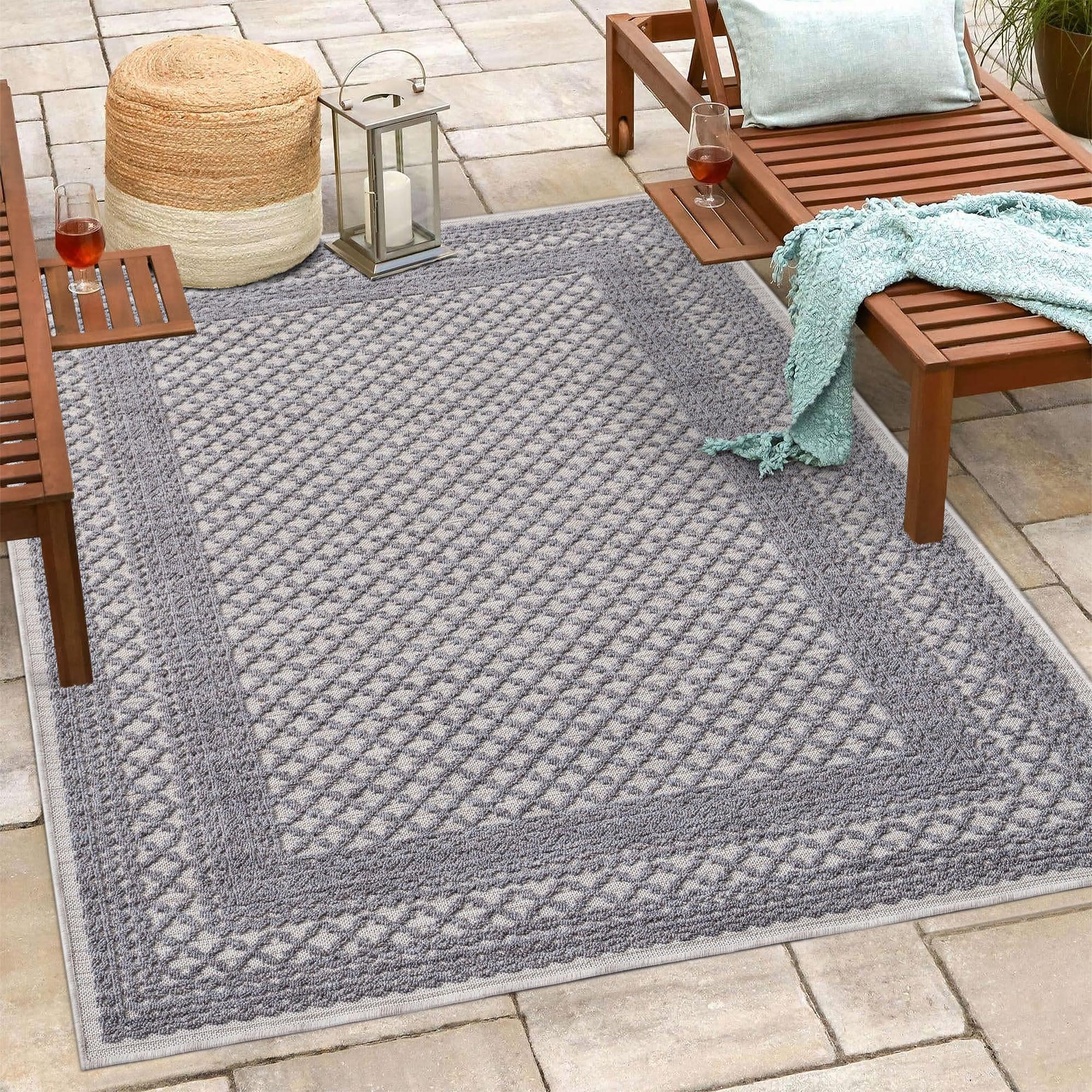 LR Home Gayle 7'10" x 8'10" Gray/Ivory Bordered Performance Indoor/Outdoor Area Rug