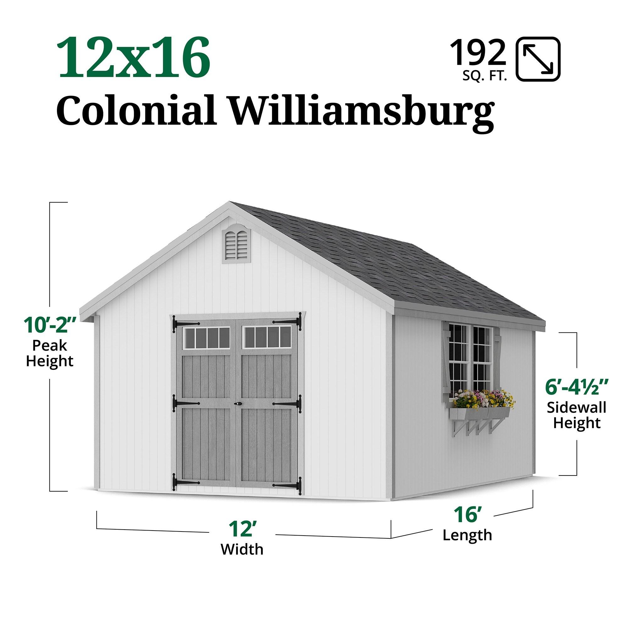 Little Cottage Co. 12x16 Colonial Williamsburg Shed with Operable Windows, Outdoor Wood Storage Do-It-Yourself Precut Kit