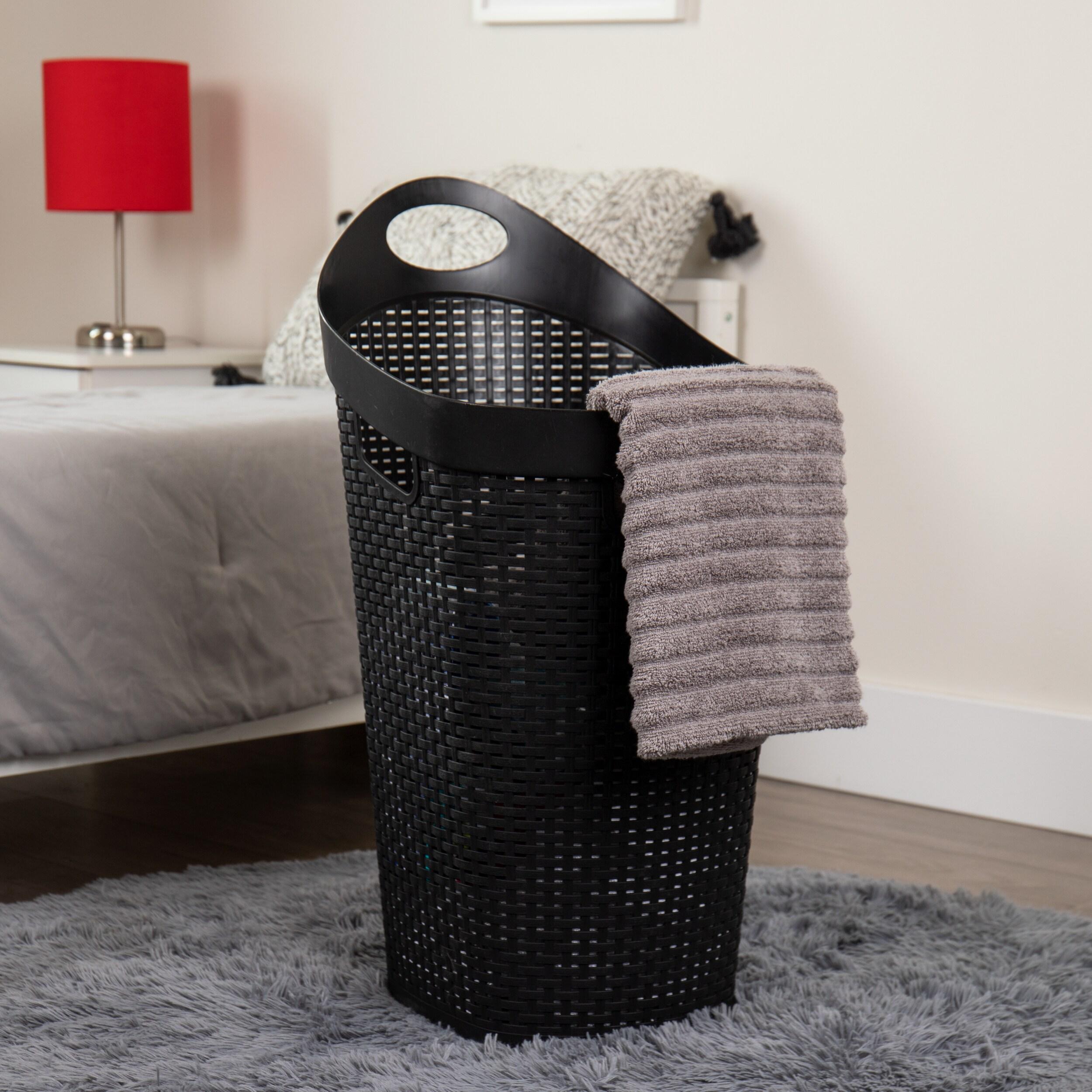 Black Plastic Wicker Style Rolling Laundry Hamper with Lid