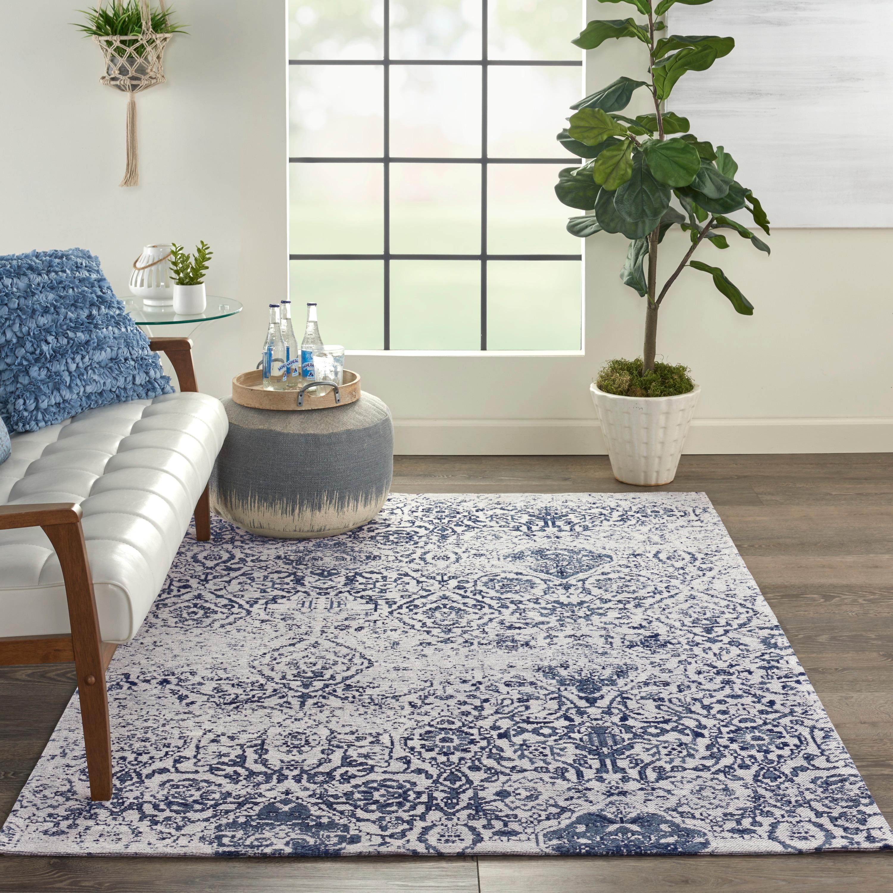 Williston Forge Damask Southwestern Machine Made Power Loom Polypropylene Indoor / Outdoor Area Rug in Ivory/Navy