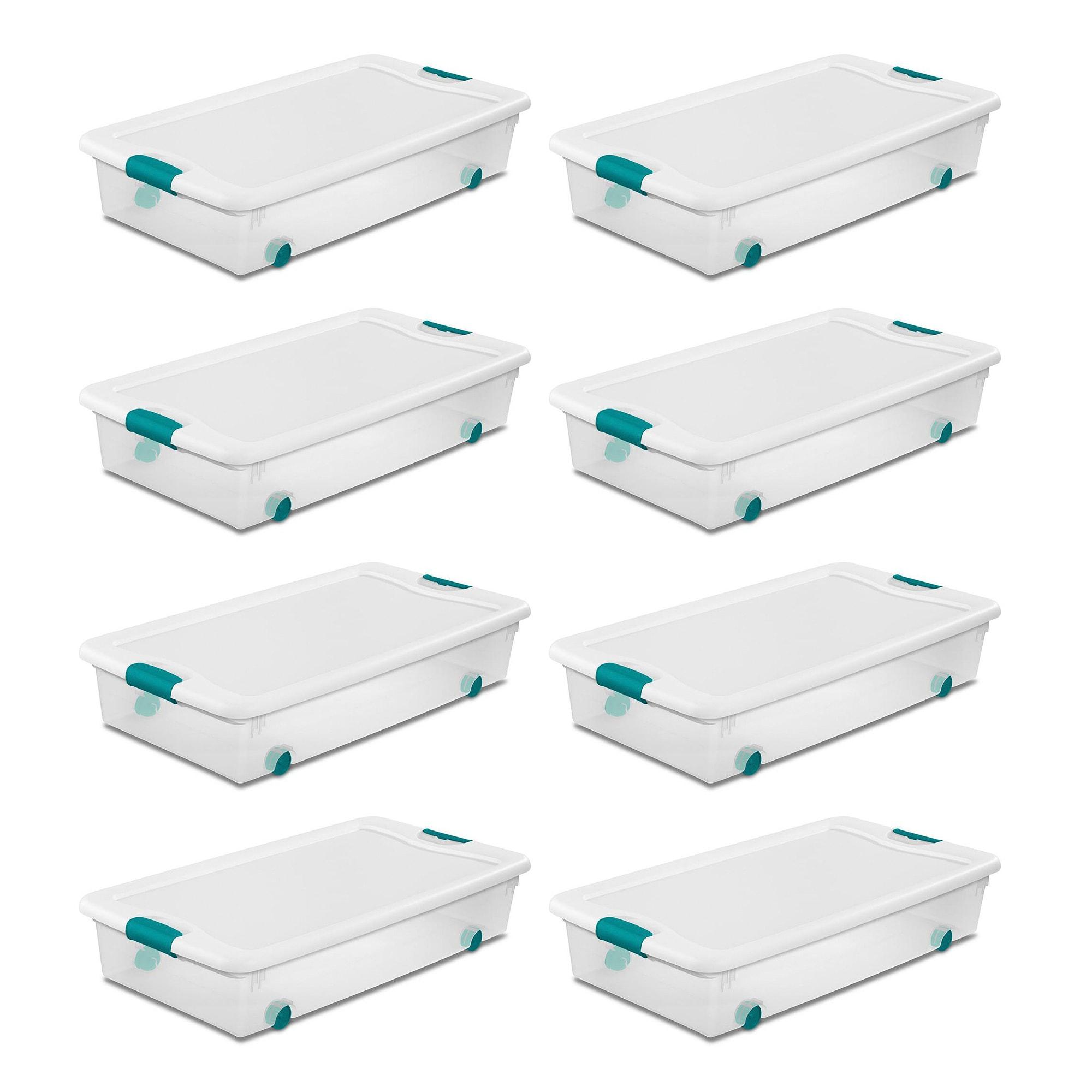 Sterilite 56 Qt Wheeled Latching Storage Box Stackable Bin with Latch Lid, Plastic Container to Organize Shoes Under Bed, Clear with White Lid, 8-Pack