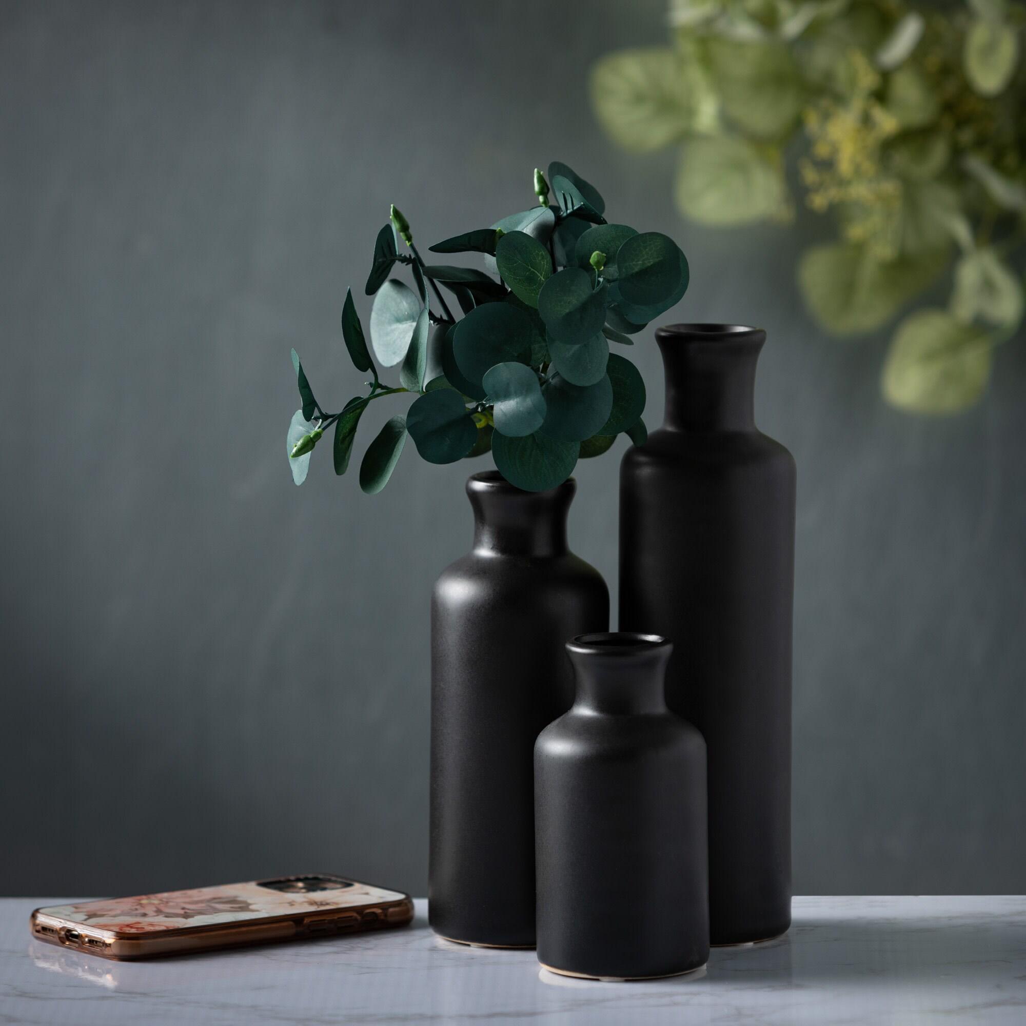 Sullivans Matte Black Set of 3 Small Ceramic Bottle Vases 5"H, 7.5"H & 10"H Black