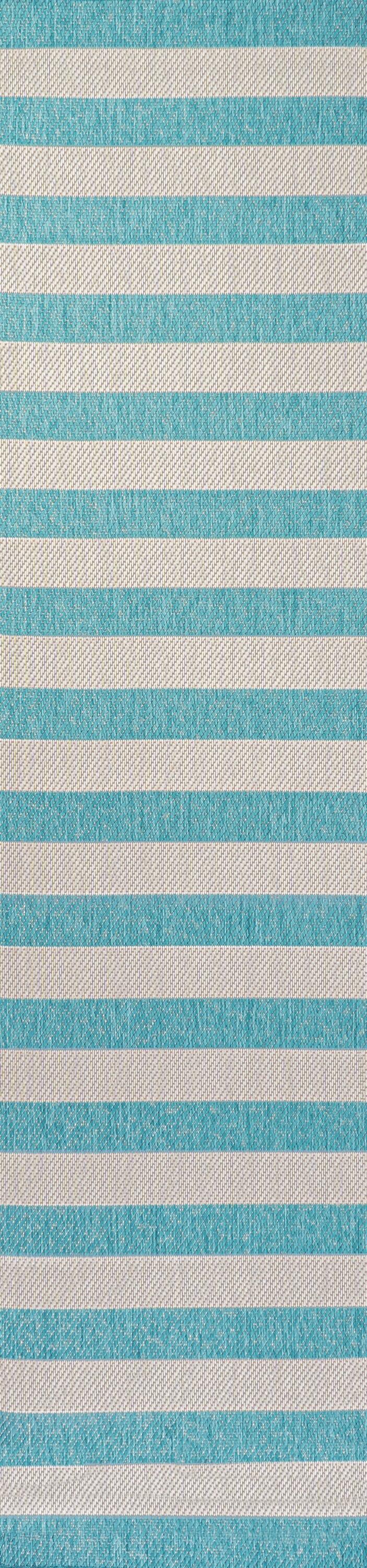 2' x 8' Negril Two-Tone Wide Stripe Indoor/Outdoor Runner Rug, Aqua/Cream - JONATHAN Y