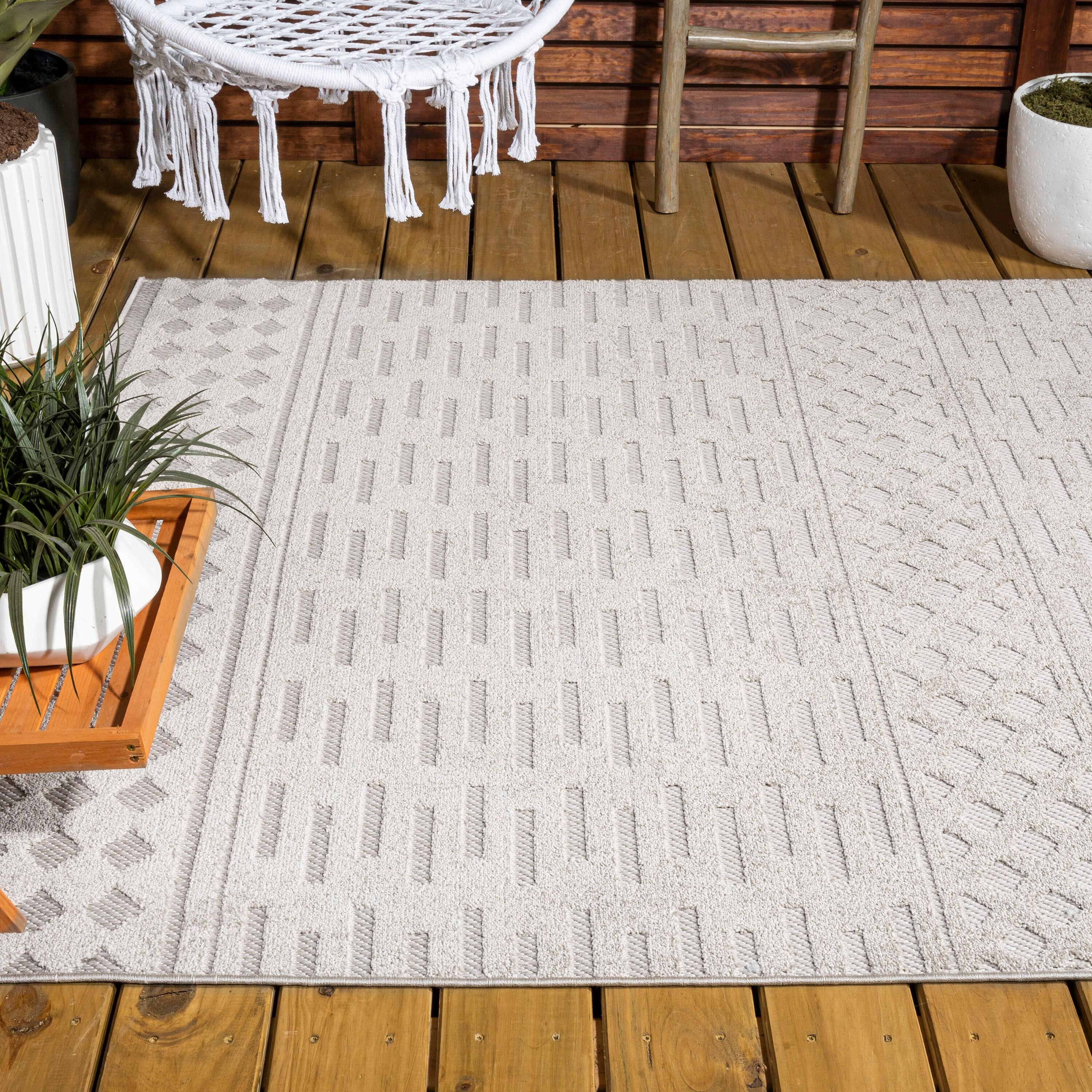 3'x5' Xlendi High-Low Pile Moroccan Geometric Indoor/Outdoor Area Rug, Beige - JONATHAN Y