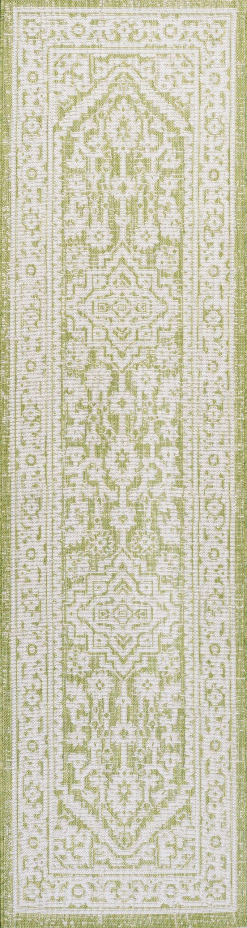 2' x 8' Sinjuri Medallion Textured Weave Indoor/Outdoor Runner Rug, Green/Cream - JONATHAN Y