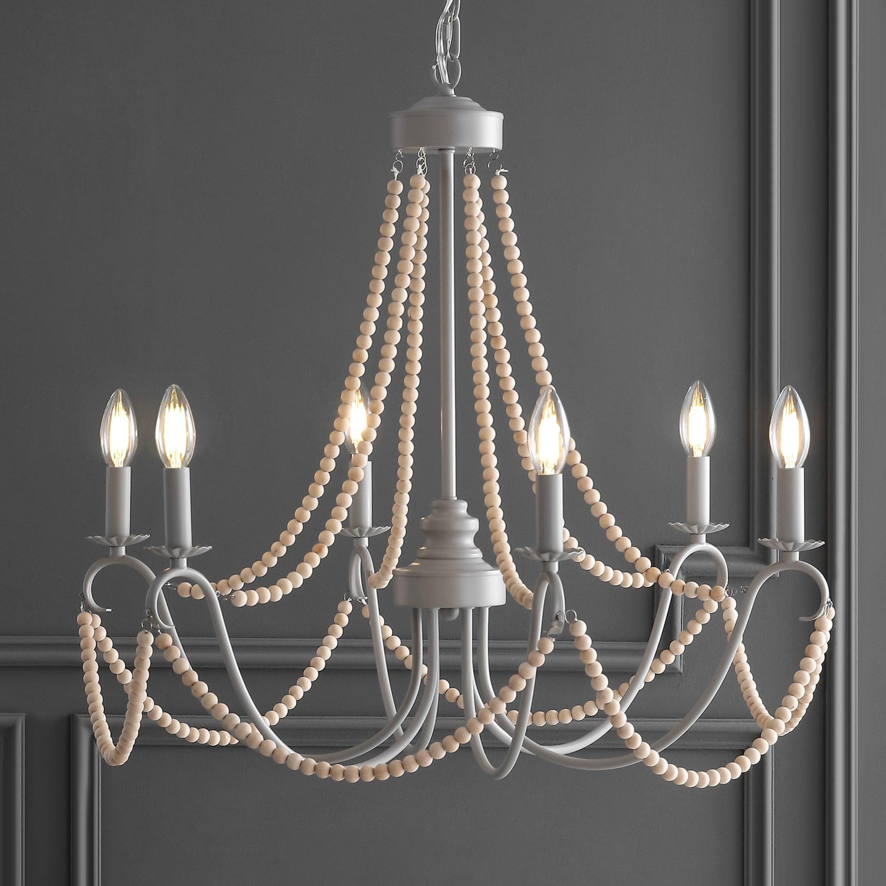 Rustica 6-Light 27" Adjustable Greige Metal/Wood Bead LED Chandelier, Grey/Natural