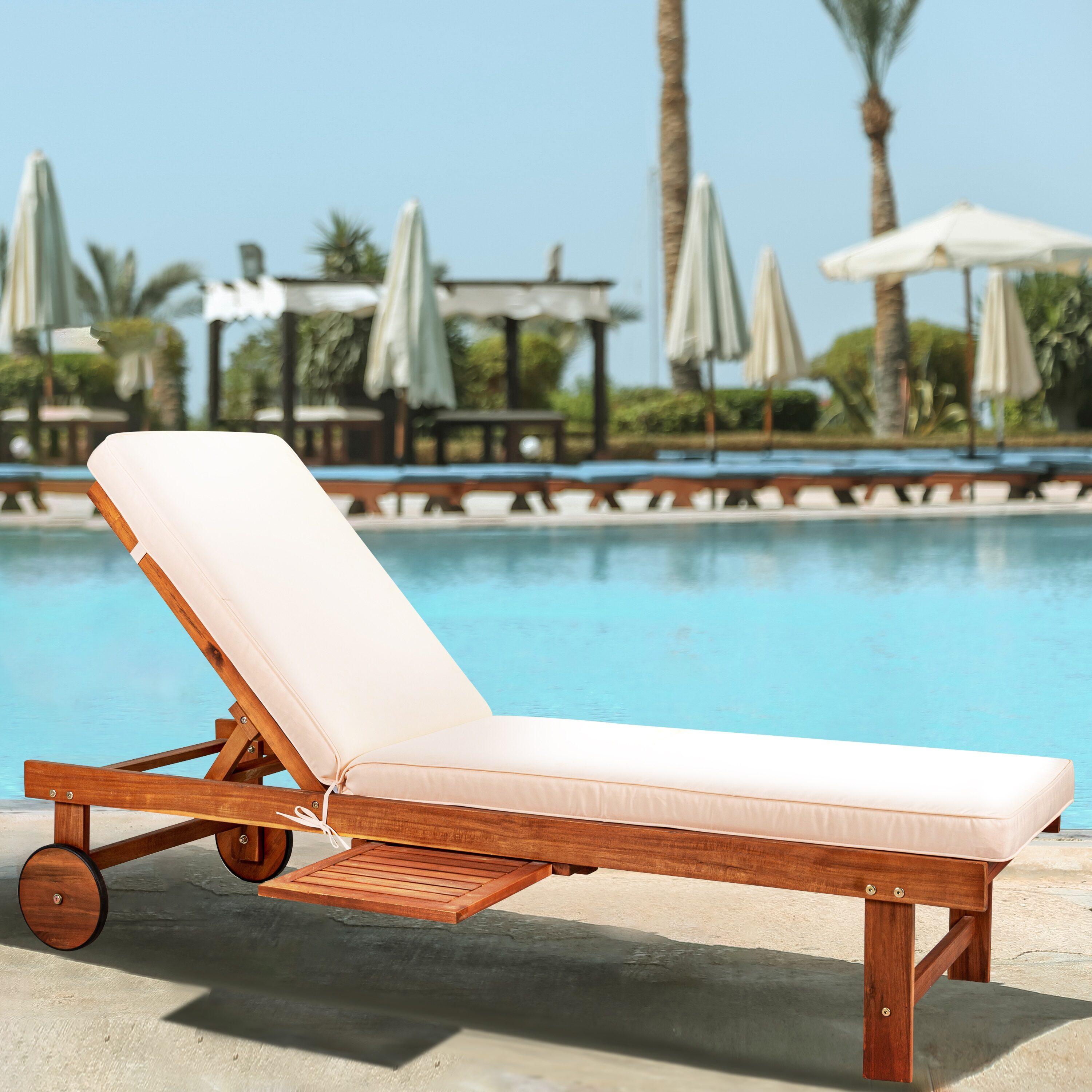 Seabrook 69 x 24 Inch Outdoor Acacia Wood Lounger with Cushion, 5-Position Back, Slide Table & Wheels, Light Brown -JONATHAN Y