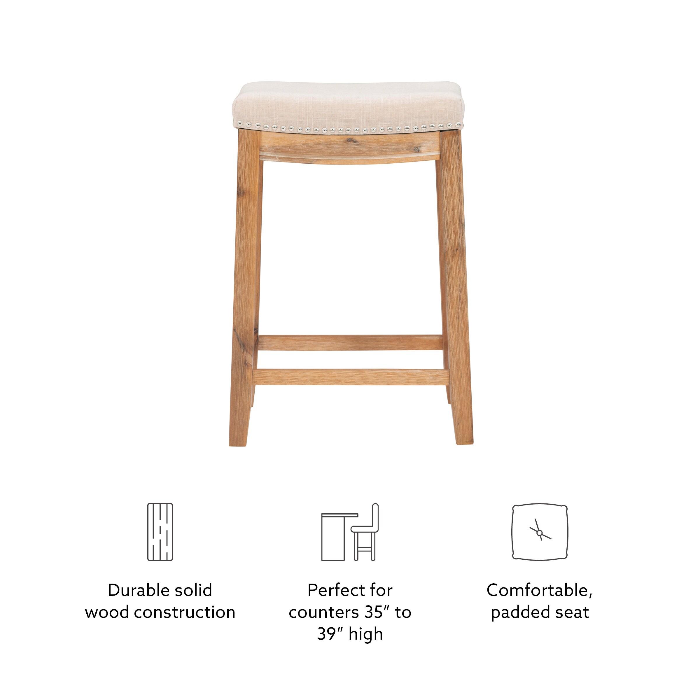 Claridge Backless Nailhead Saddle Acacia Counter Height Barstool Natural - Linon: Chic Beige Linen Seat, Rubberwood