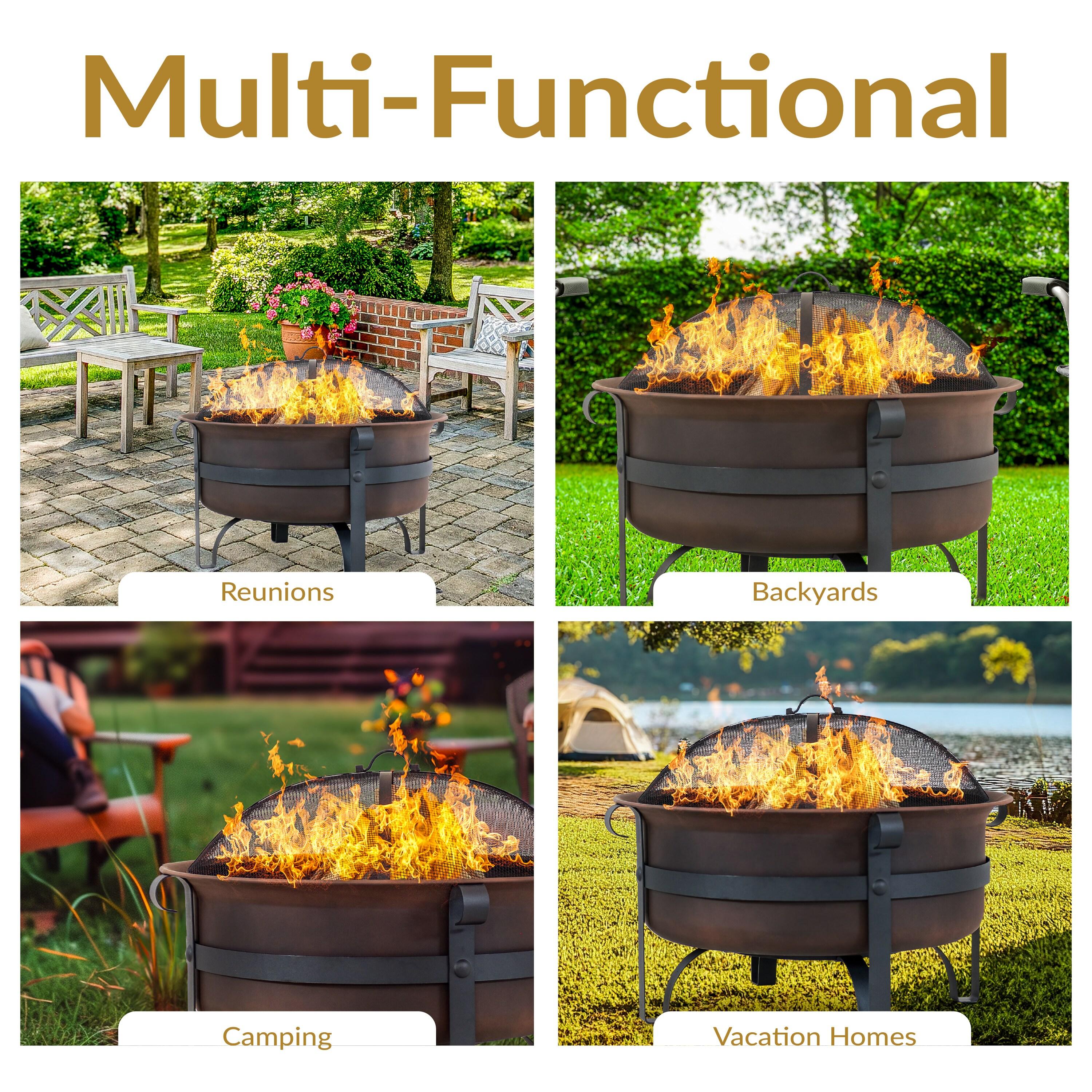 Sunnydaze Outdoor Camping or Backyard Large Round Cauldron Fire Pit Bowl with Log Poker and Spark Screen - 29"